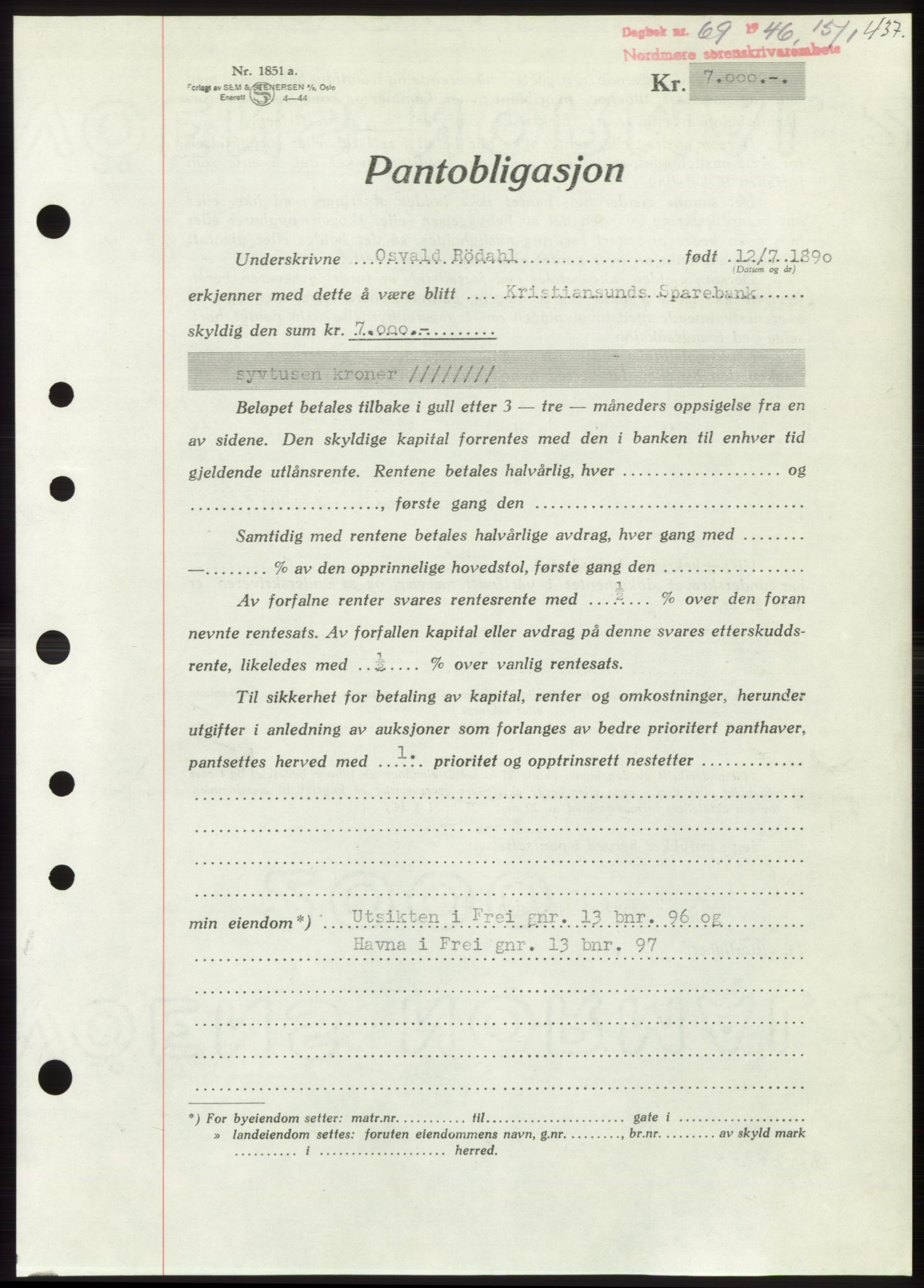 Nordmøre sorenskriveri, AV/SAT-A-4132/1/2/2Ca: Mortgage book no. B93b, 1946-1946, Diary no: : 69/1946