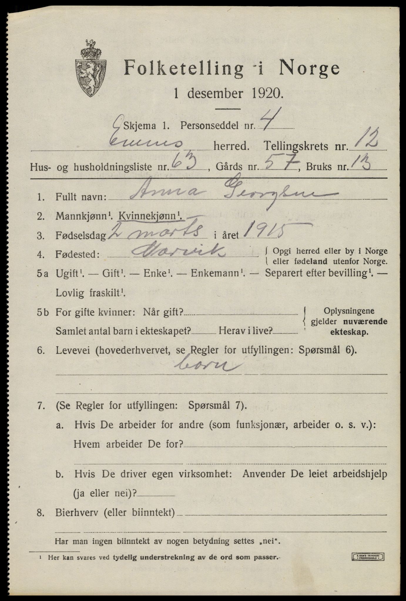 SAT, 1920 census for Evenes, 1920, p. 11888