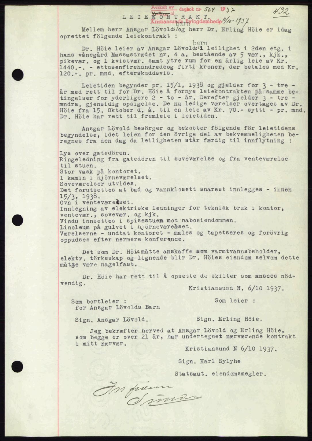 Kristiansund byfogd, AV/SAT-A-4587/A/27: Mortgage book no. 29, 1936-1937, Diary no: : 564/1937