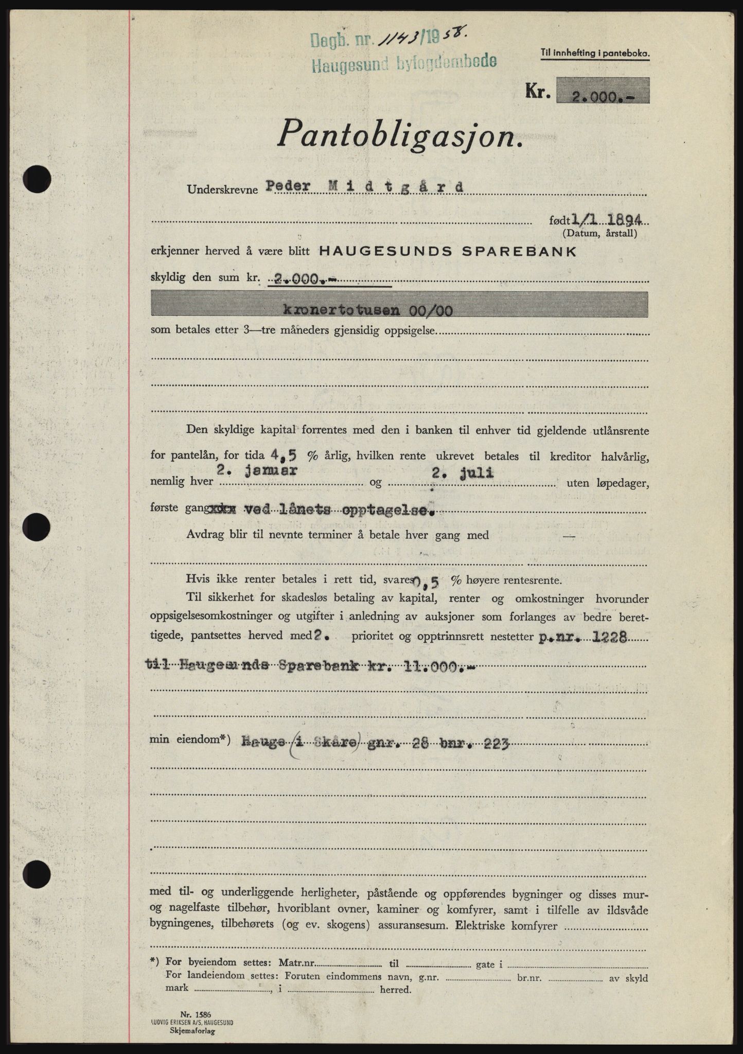 Haugesund tingrett, SAST/A-101415/01/II/IIC/L0044: Mortgage book no. B 44, 1958-1959, Diary no: : 1143/1958