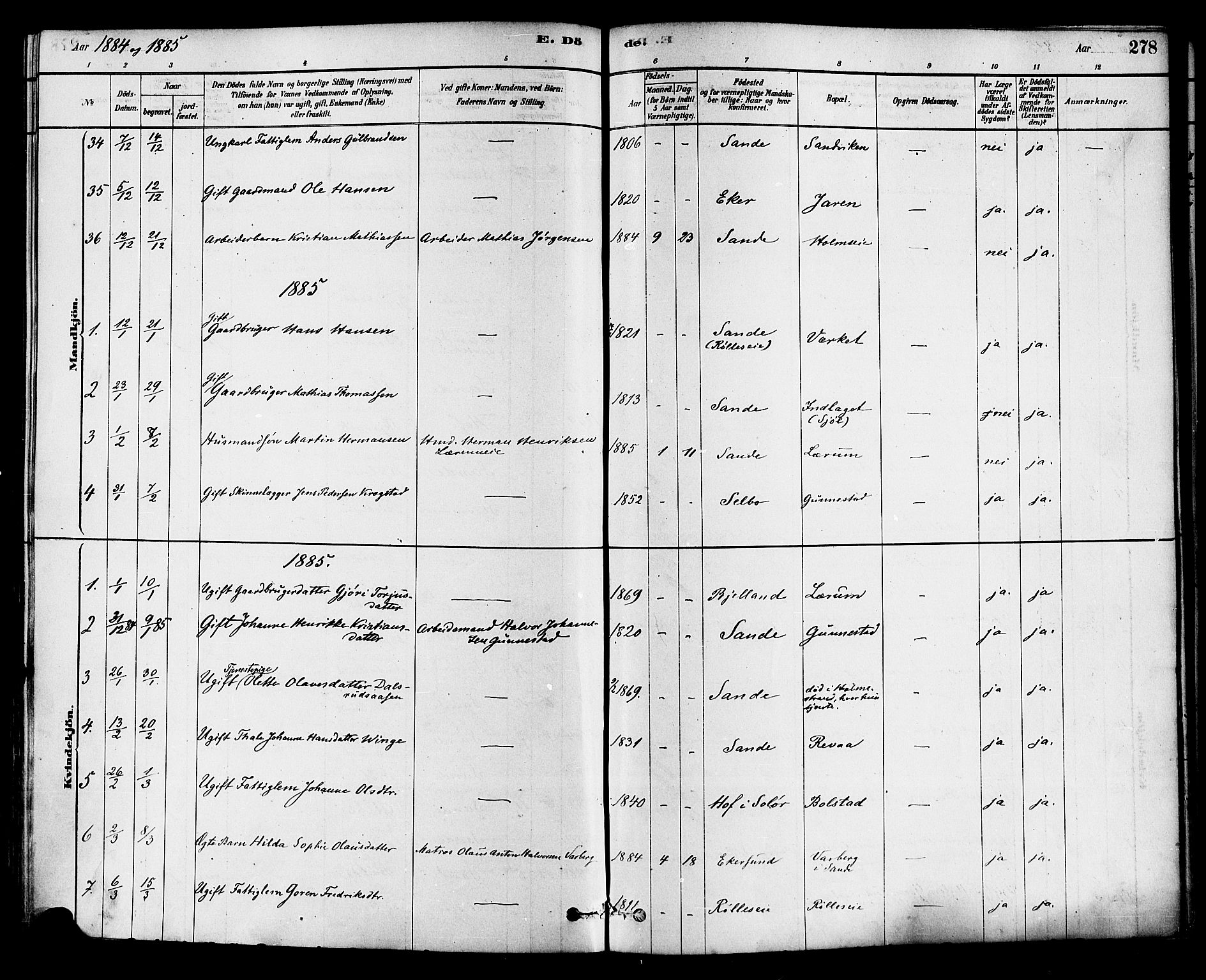 Sande Kirkebøker, AV/SAKO-A-53/F/Fa/L0006: Parish register (official) no. 6, 1878-1888, p. 278