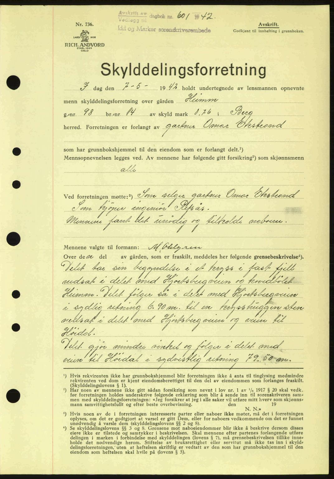 Idd og Marker sorenskriveri, AV/SAO-A-10283/G/Gb/Gbb/L0005: Mortgage book no. A5, 1941-1943, Diary no: : 601/1942