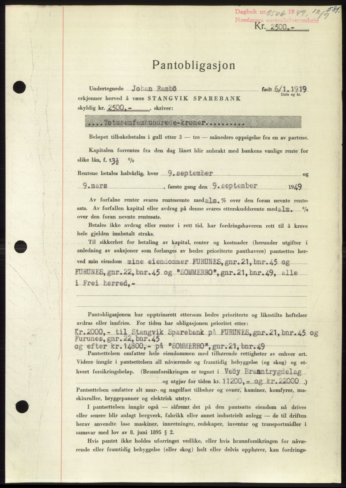 Nordmøre sorenskriveri, AV/SAT-A-4132/1/2/2Ca: Mortgage book no. B102, 1949-1949, Diary no: : 2506/1949