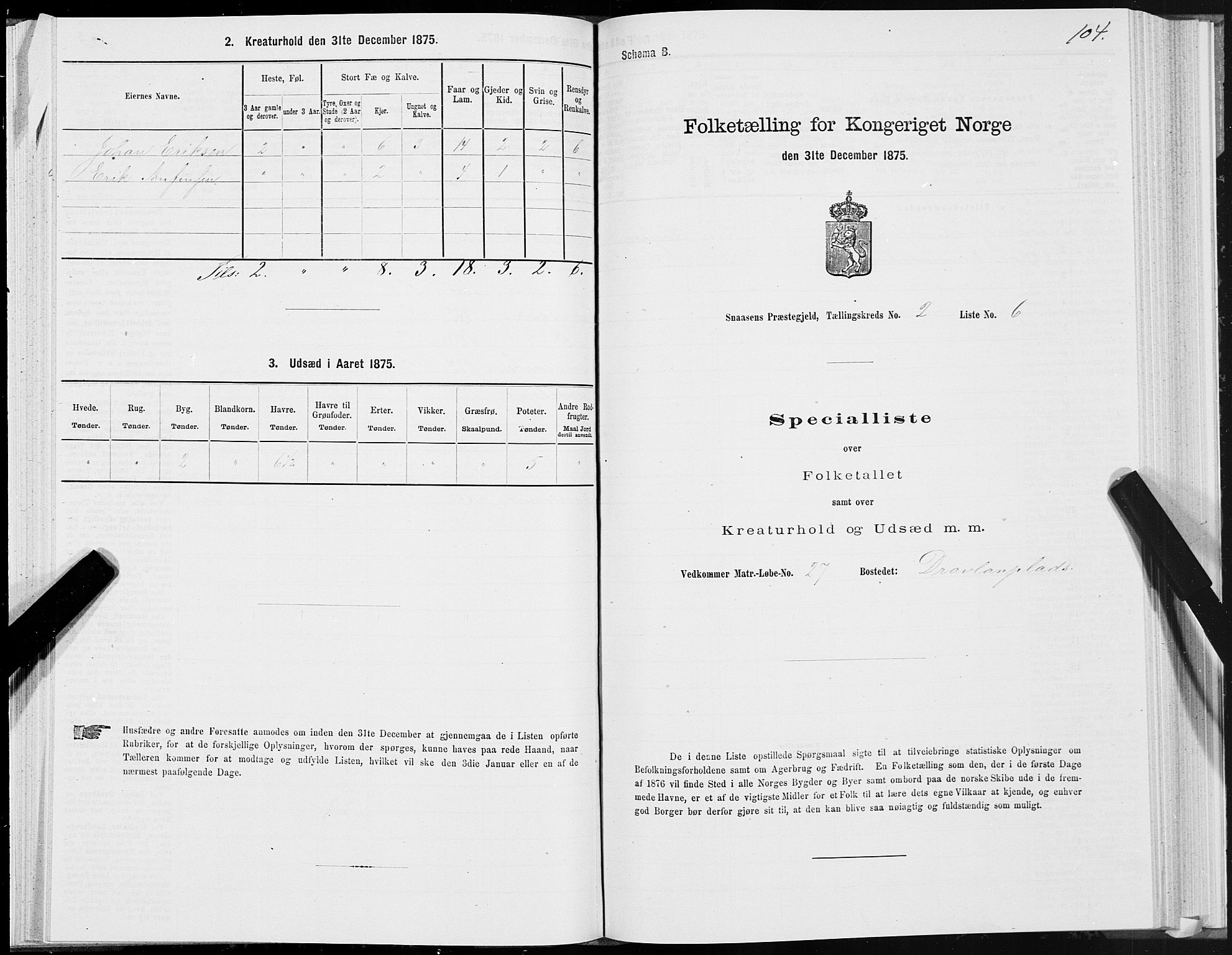 SAT, 1875 census for 1736P Snåsa, 1875, p. 1104