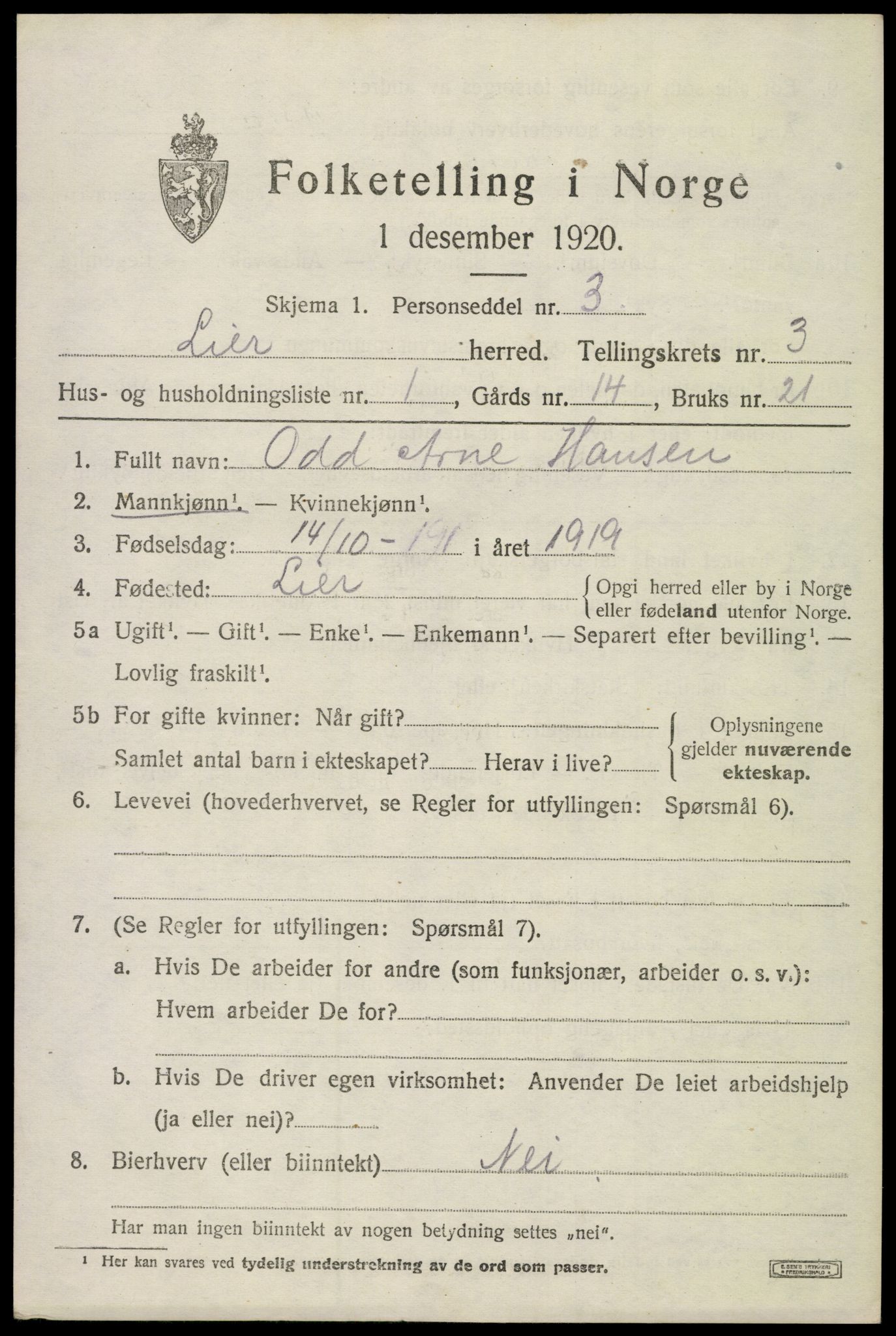 SAKO, 1920 census for Lier, 1920, p. 5420