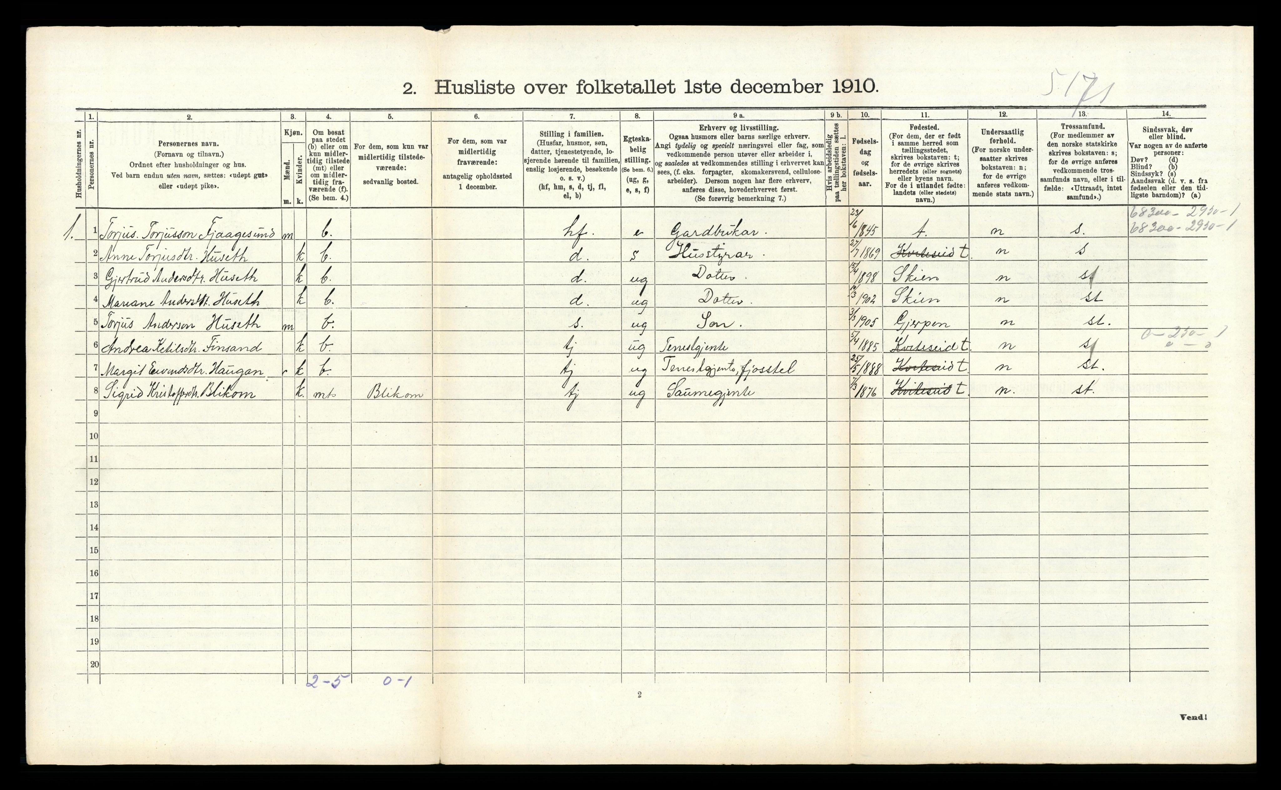 RA, 1910 census for Kviteseid, 1910, p. 759