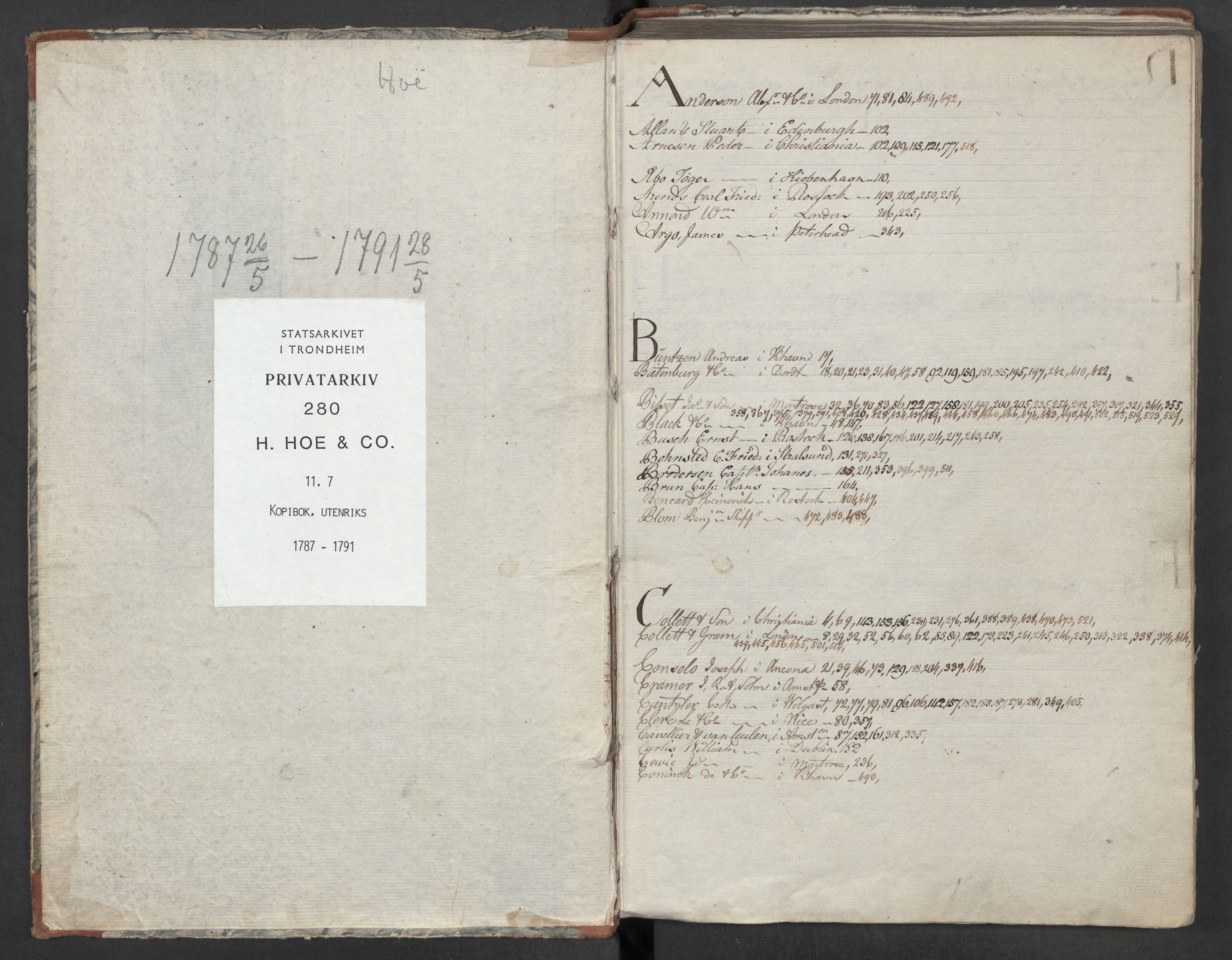 Hoë, Herman & Co, SAT/PA-0280/11/L0007: Kopibok, utenriks, 1787-1791
