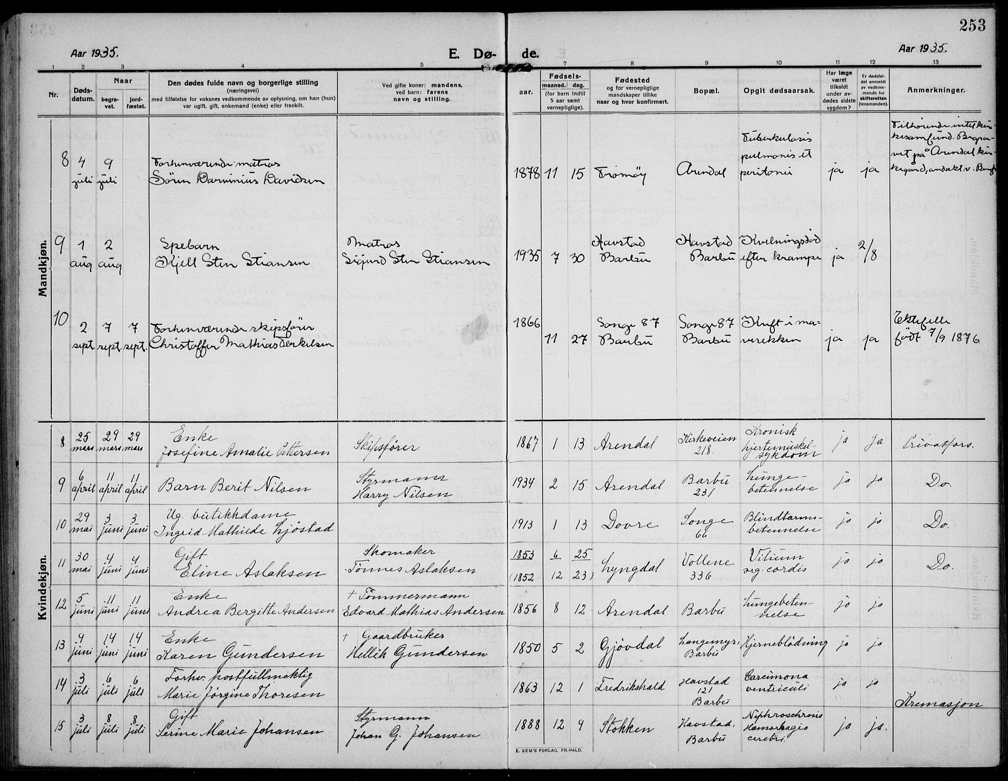 Barbu sokneprestkontor, AV/SAK-1111-0003/F/Fb/L0004: Parish register (copy) no. B 4, 1911-1936, p. 253