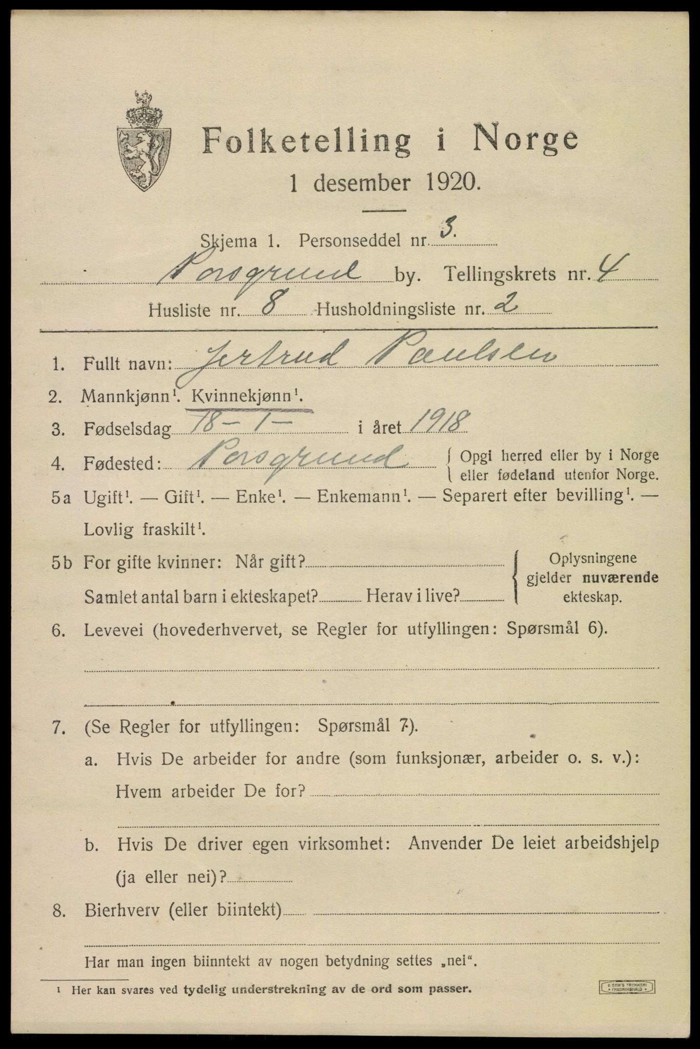 SAKO, 1920 census for Porsgrunn, 1920, p. 18937