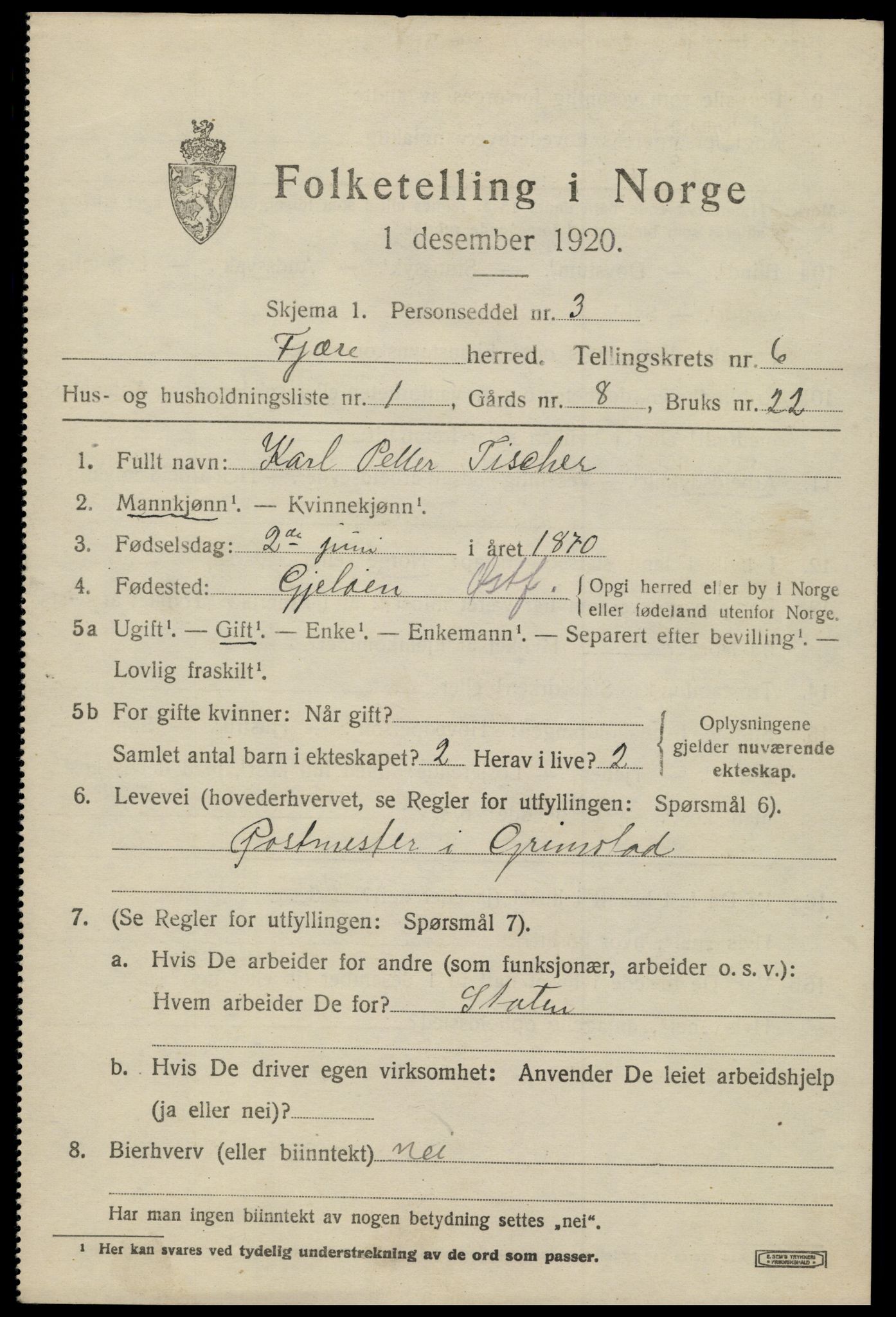 SAK, 1920 census for Fjære, 1920, p. 8211