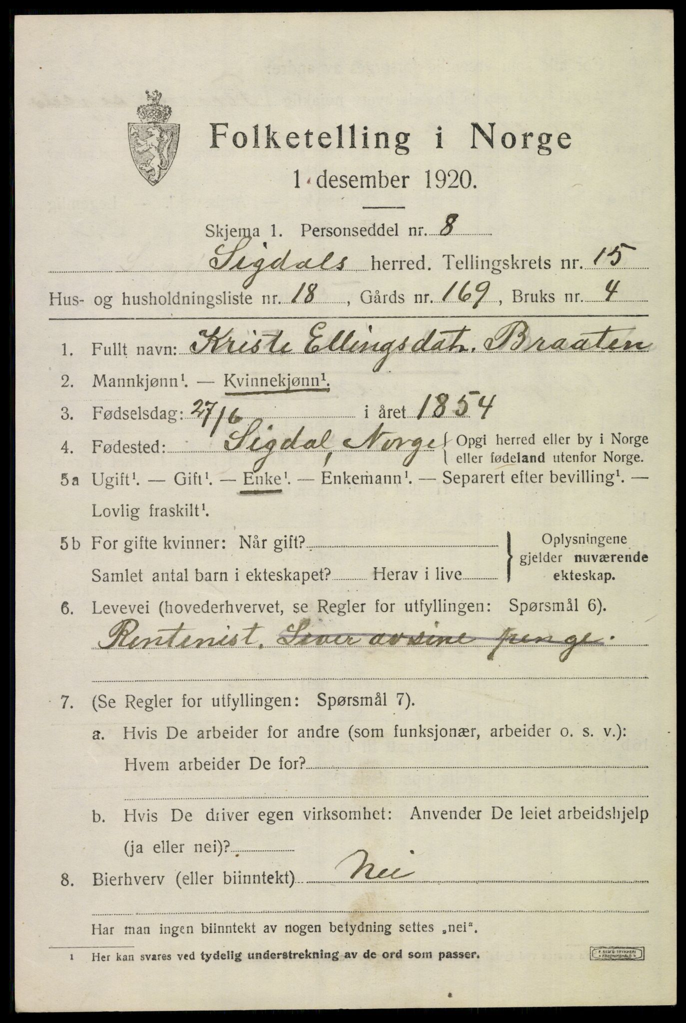 SAKO, 1920 census for Sigdal, 1920, p. 9172