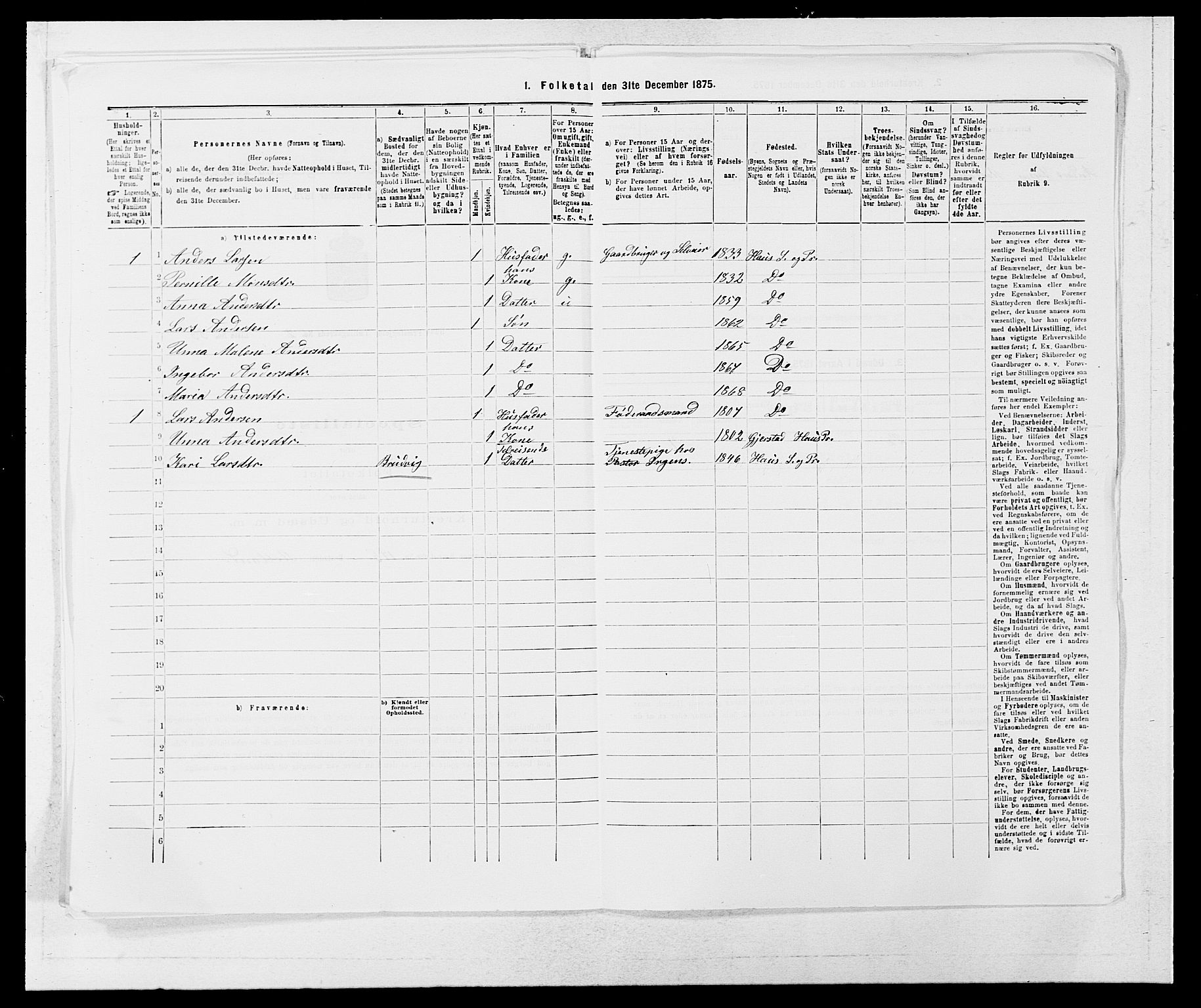 SAB, 1875 census for 1250P Haus, 1875, p. 207