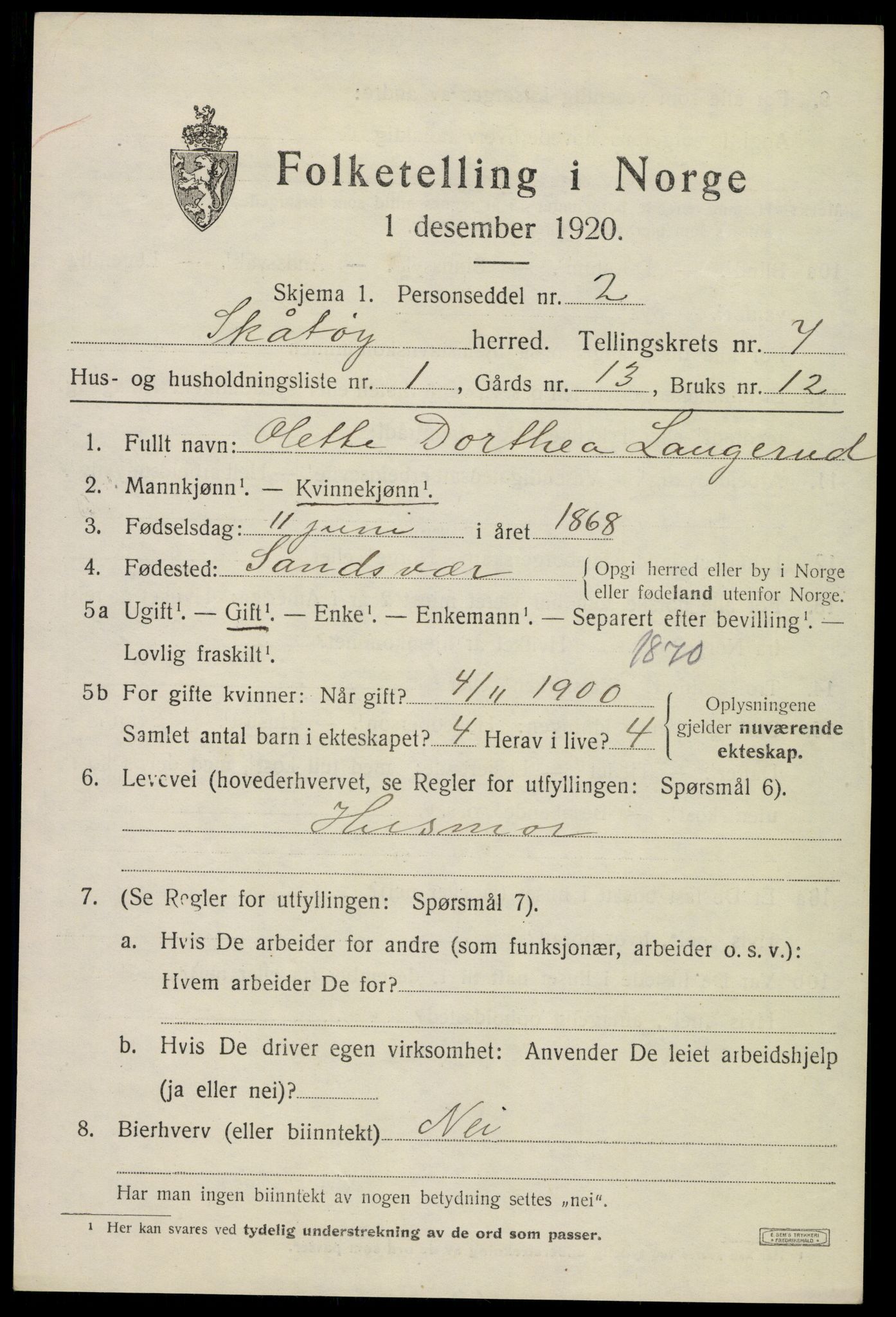 SAKO, 1920 census for Skåtøy, 1920, p. 5322