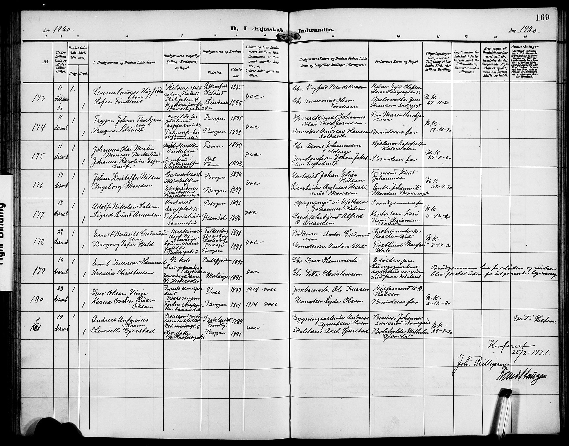Domkirken sokneprestembete, SAB/A-74801/H/Hab/L0033: Parish register (copy) no. D 5, 1907-1924, p. 169