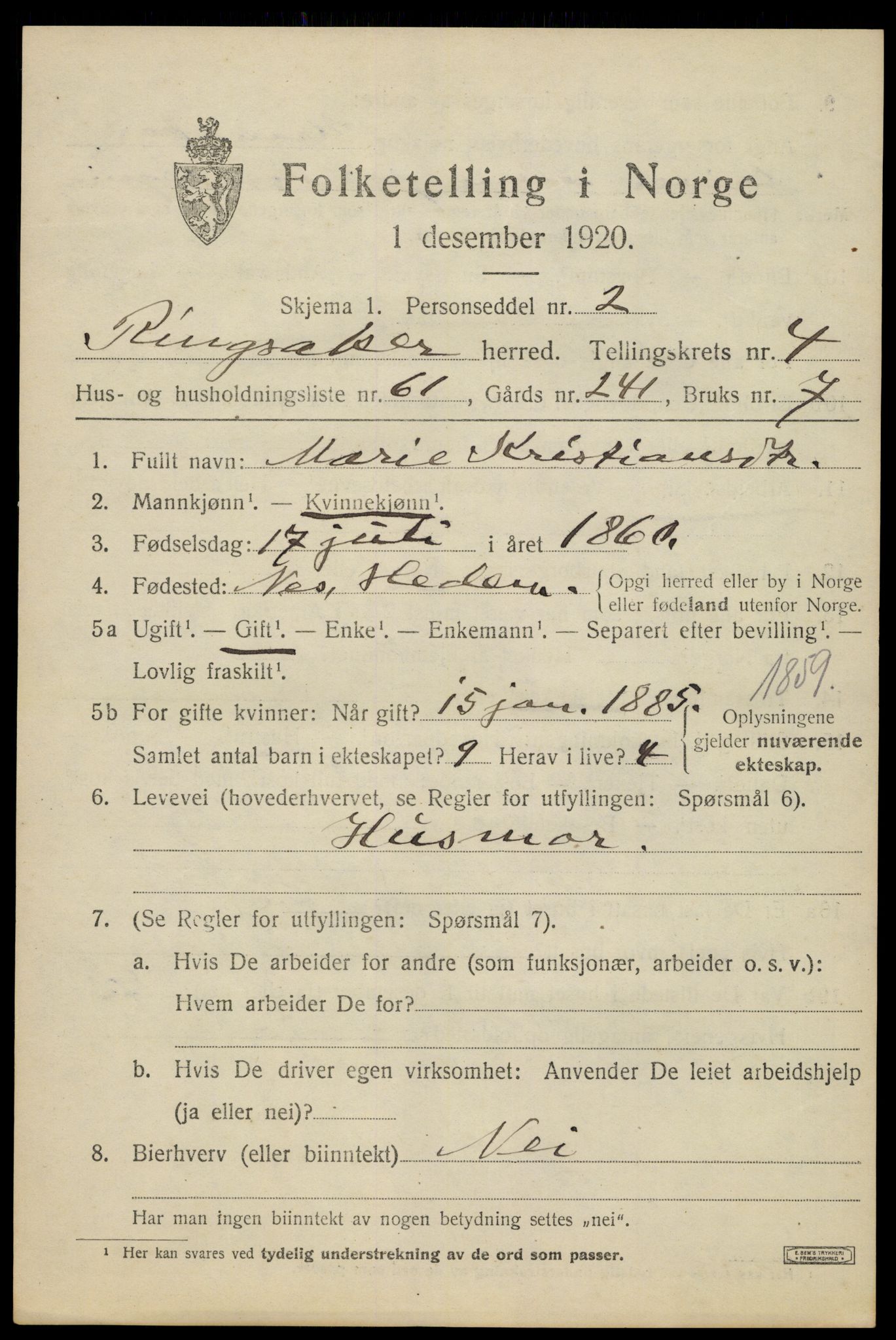 SAH, 1920 census for Ringsaker, 1920, p. 9346