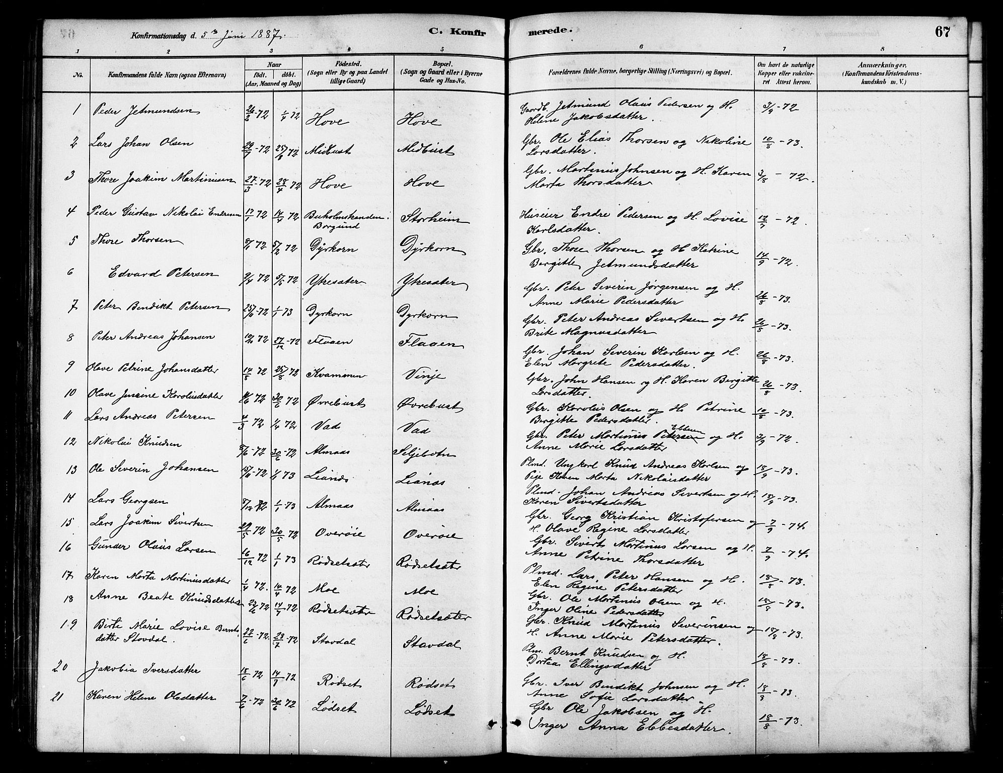 Ministerialprotokoller, klokkerbøker og fødselsregistre - Møre og Romsdal, AV/SAT-A-1454/521/L0302: Parish register (copy) no. 521C03, 1882-1907, p. 67