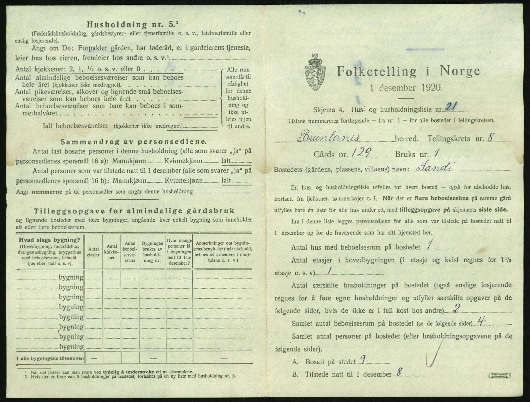 SAKO, 1920 census for Brunlanes, 1920, p. 1073