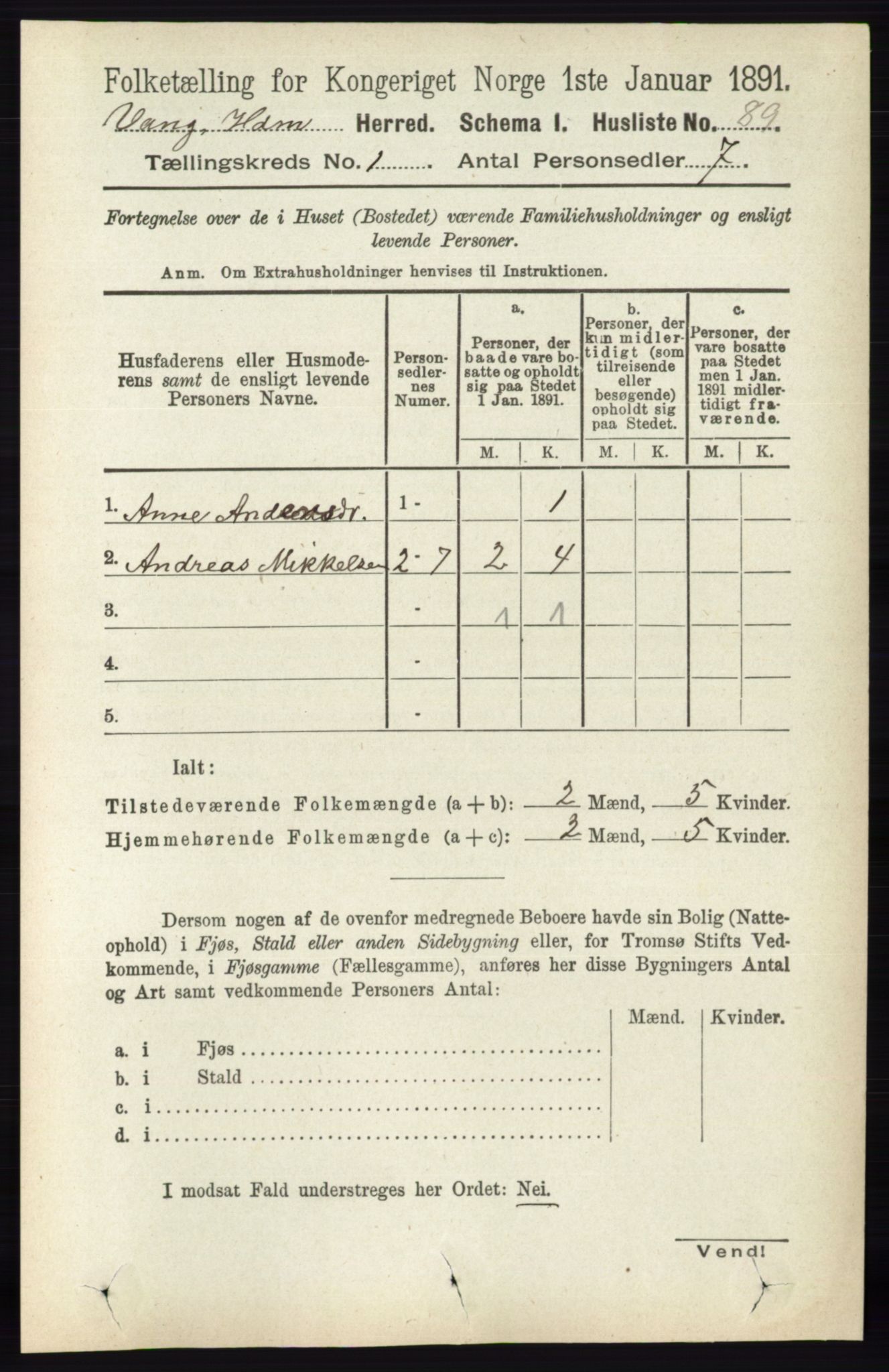 RA, 1891 census for 0414 Vang, 1891, p. 138