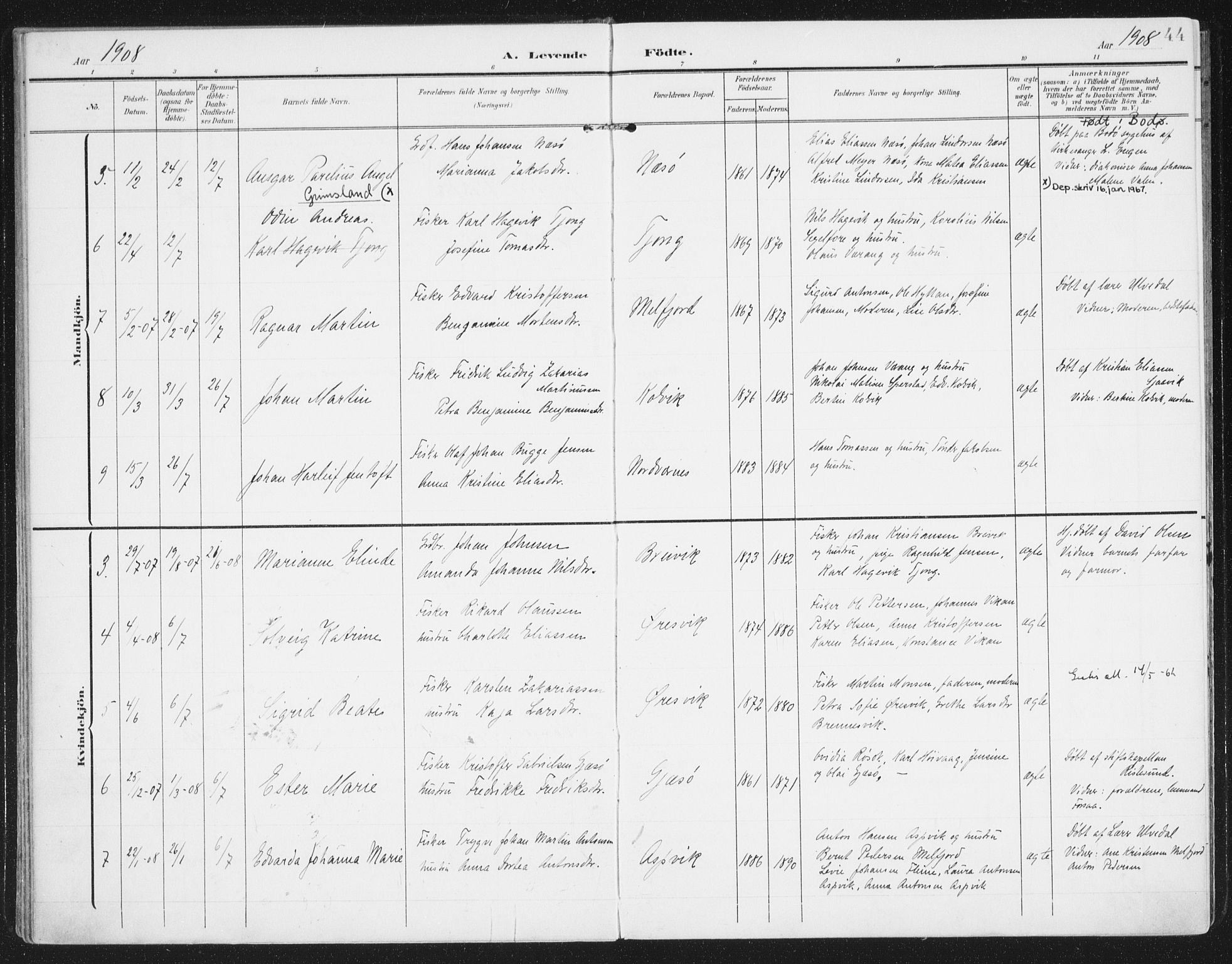 Ministerialprotokoller, klokkerbøker og fødselsregistre - Nordland, AV/SAT-A-1459/841/L0612: Parish register (official) no. 841A15, 1902-1910, p. 44