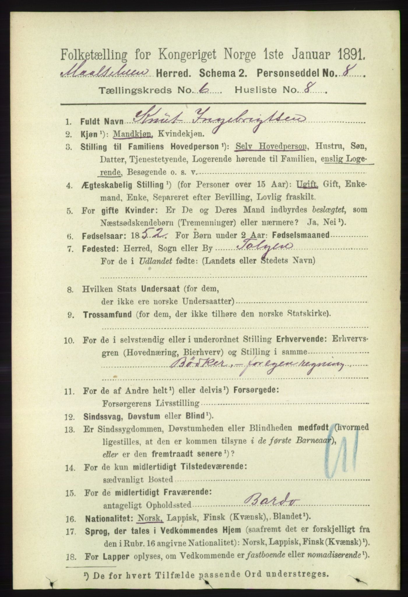 RA, 1891 census for 1924 Målselv, 1891, p. 2096