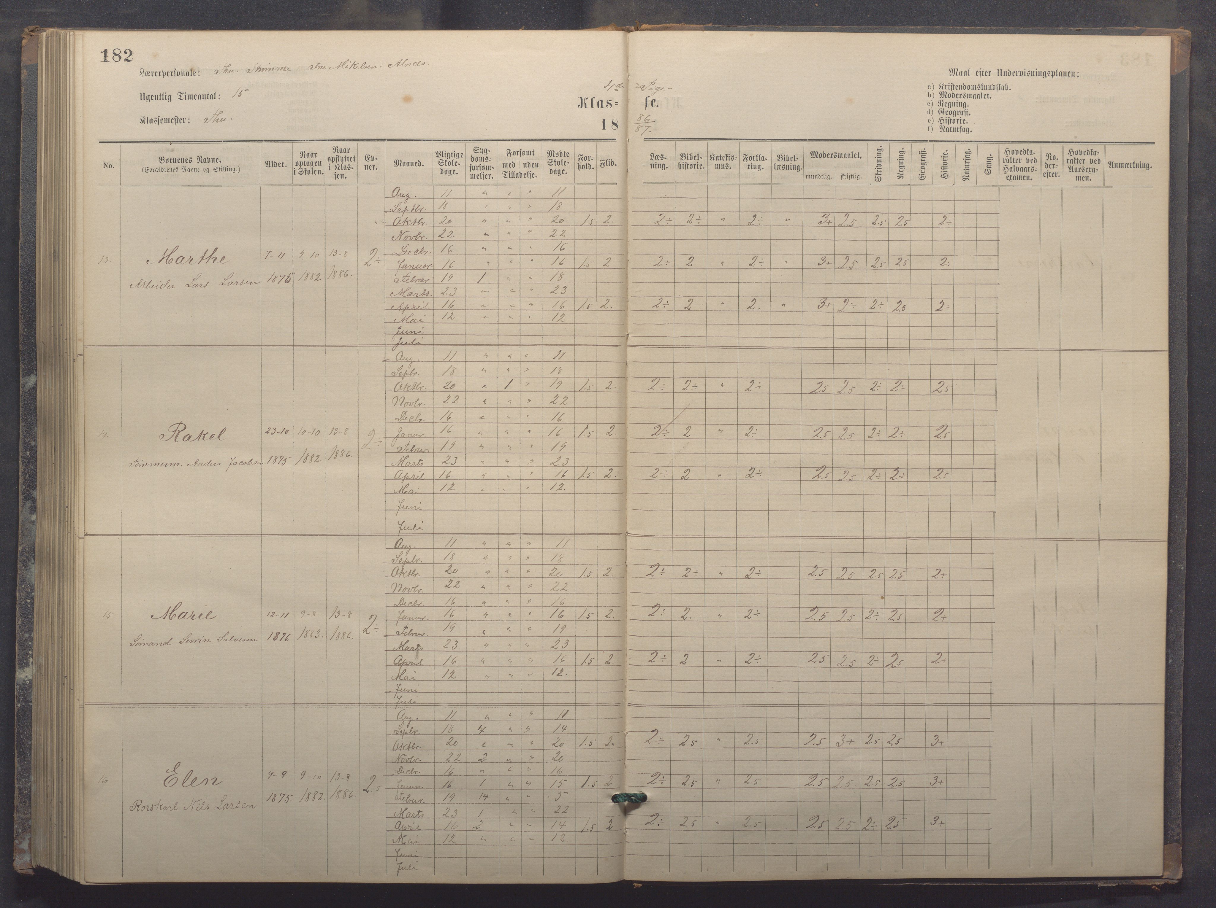 Egersund kommune (Ladested) - Egersund almueskole/folkeskole, IKAR/K-100521/H/L0017: Skoleprotokoll - Almueskolen, 5./6. klasse, 1877-1887, p. 182