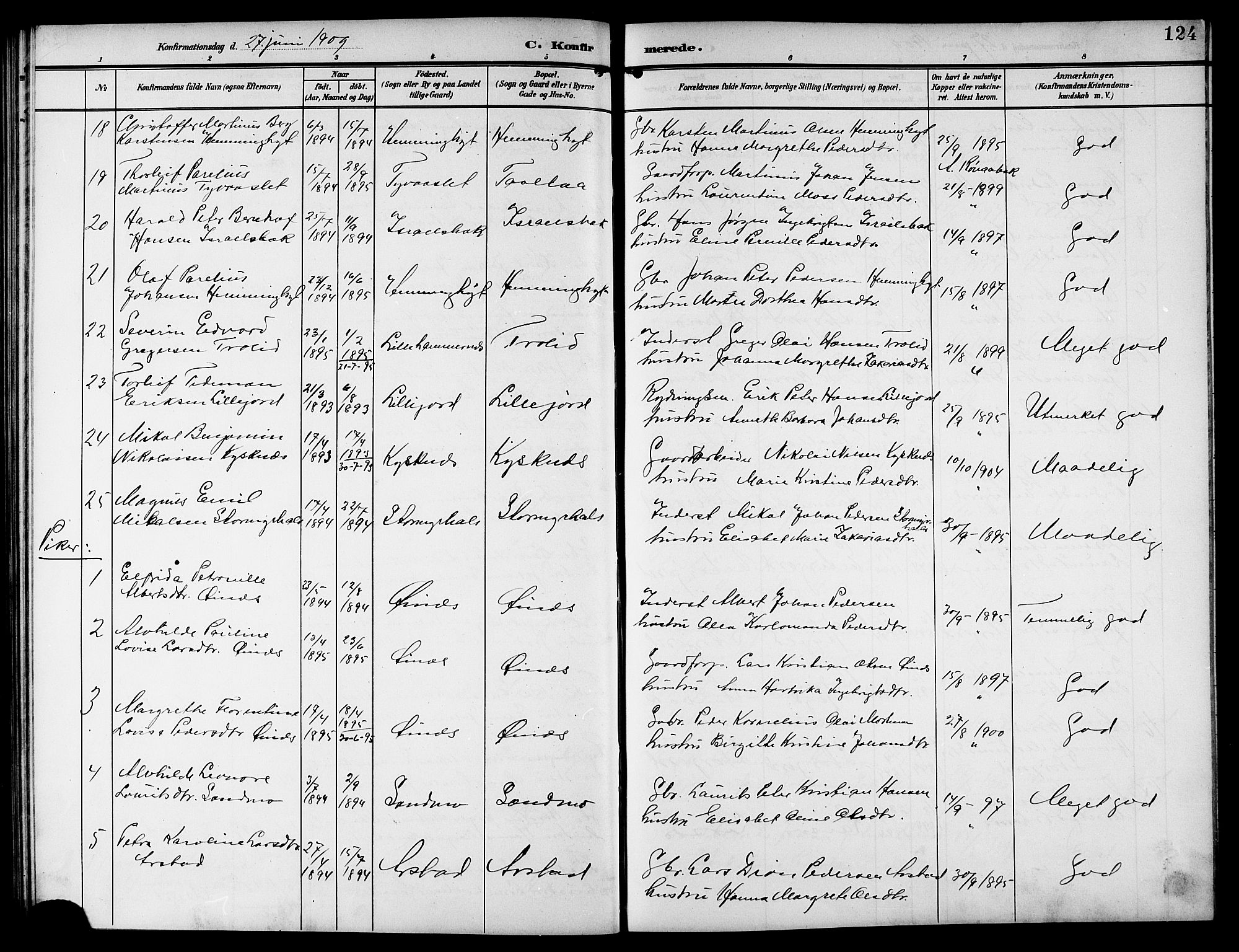 Ministerialprotokoller, klokkerbøker og fødselsregistre - Nordland, AV/SAT-A-1459/846/L0655: Parish register (copy) no. 846C05, 1902-1916, p. 124