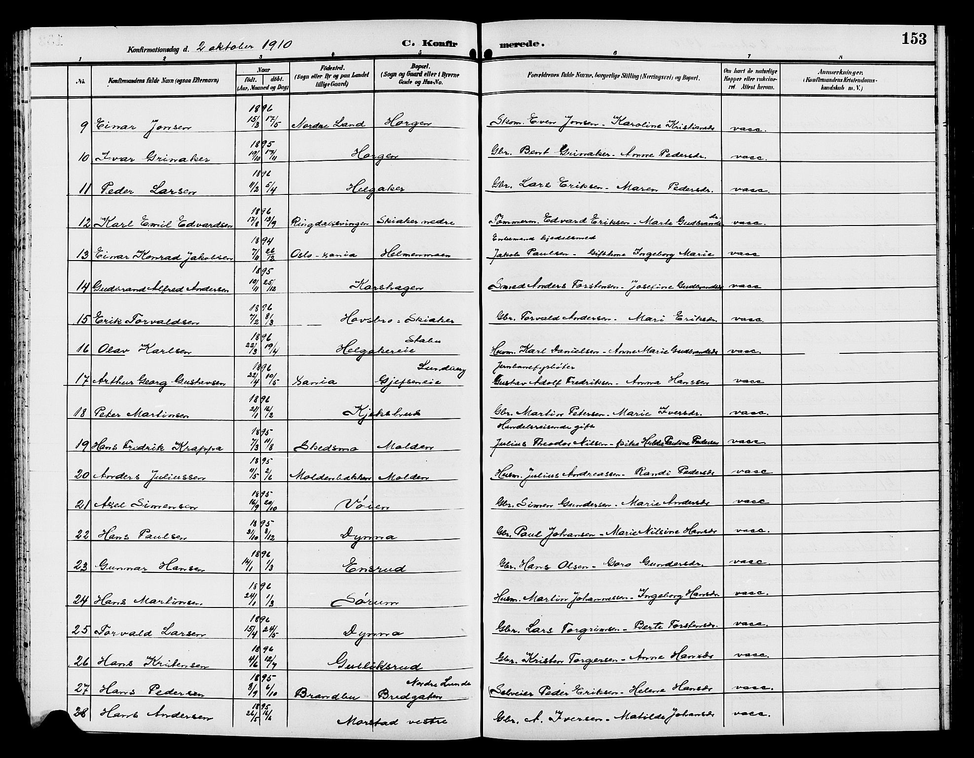 Gran prestekontor, SAH/PREST-112/H/Ha/Hab/L0006: Parish register (copy) no. 6, 1901-1911, p. 153