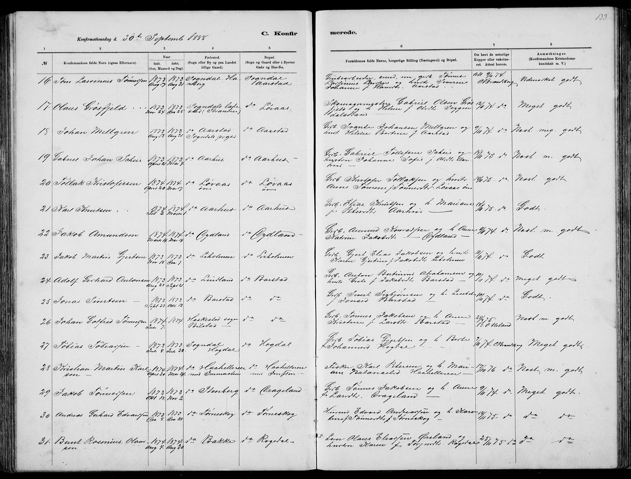 Sokndal sokneprestkontor, AV/SAST-A-101808: Parish register (copy) no. B 4, 1880-1891, p. 133