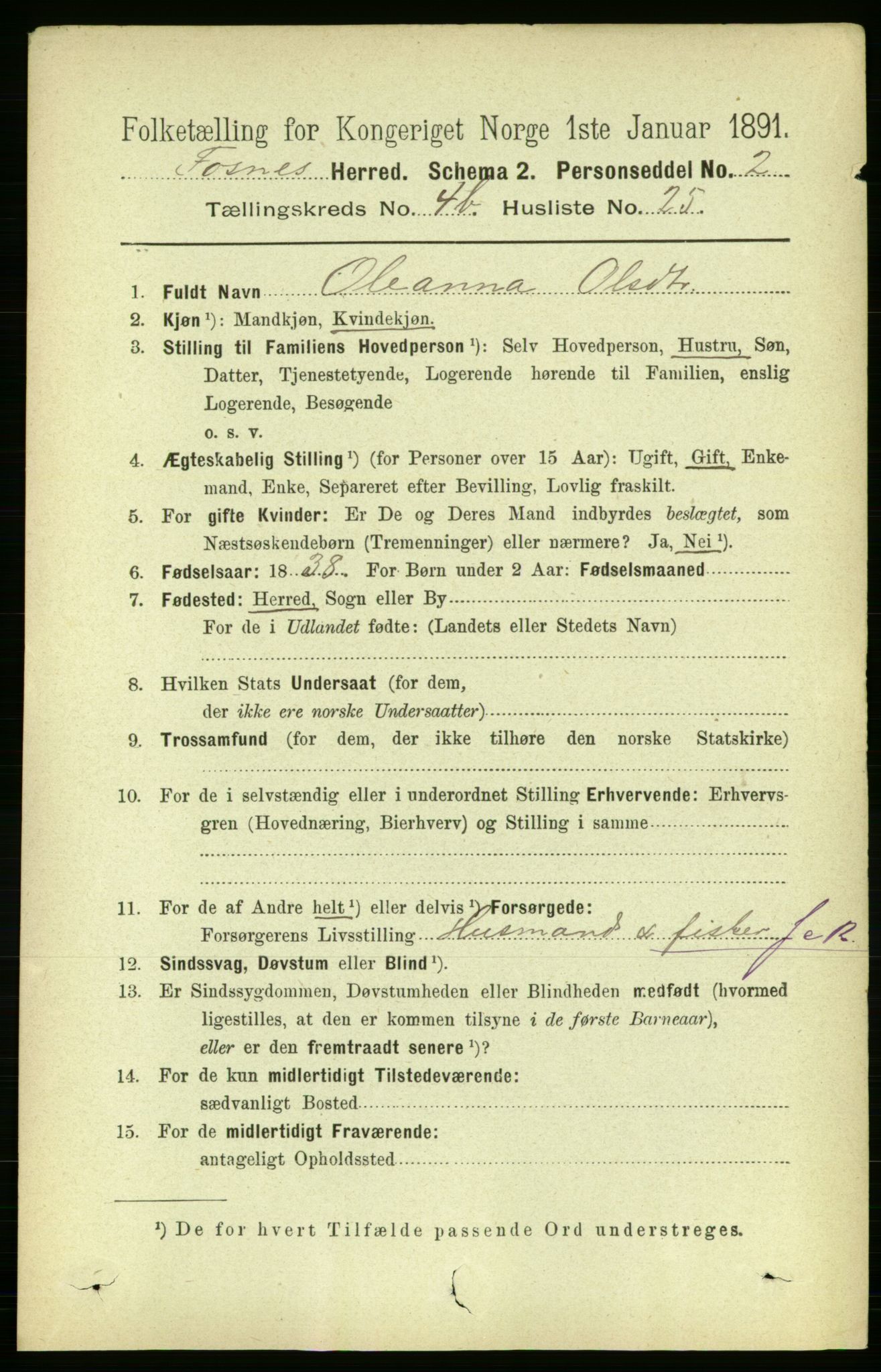 RA, 1891 census for 1748 Fosnes, 1891, p. 1881