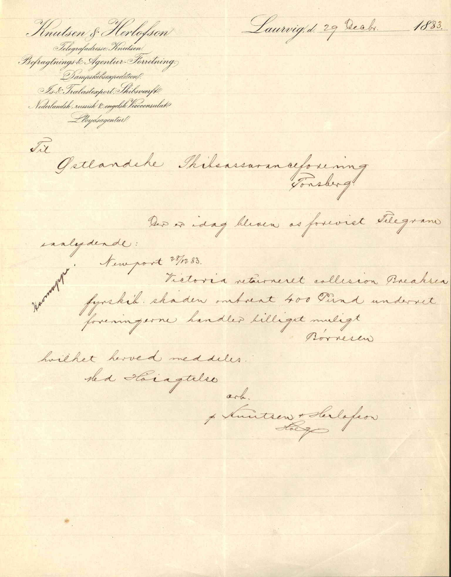 Pa 63 - Østlandske skibsassuranceforening, VEMU/A-1079/G/Ga/L0016/0004: Havaridokumenter / Zenobia, Vestalinden, Wilhelm Lundby, Victoria, 1883, p. 11