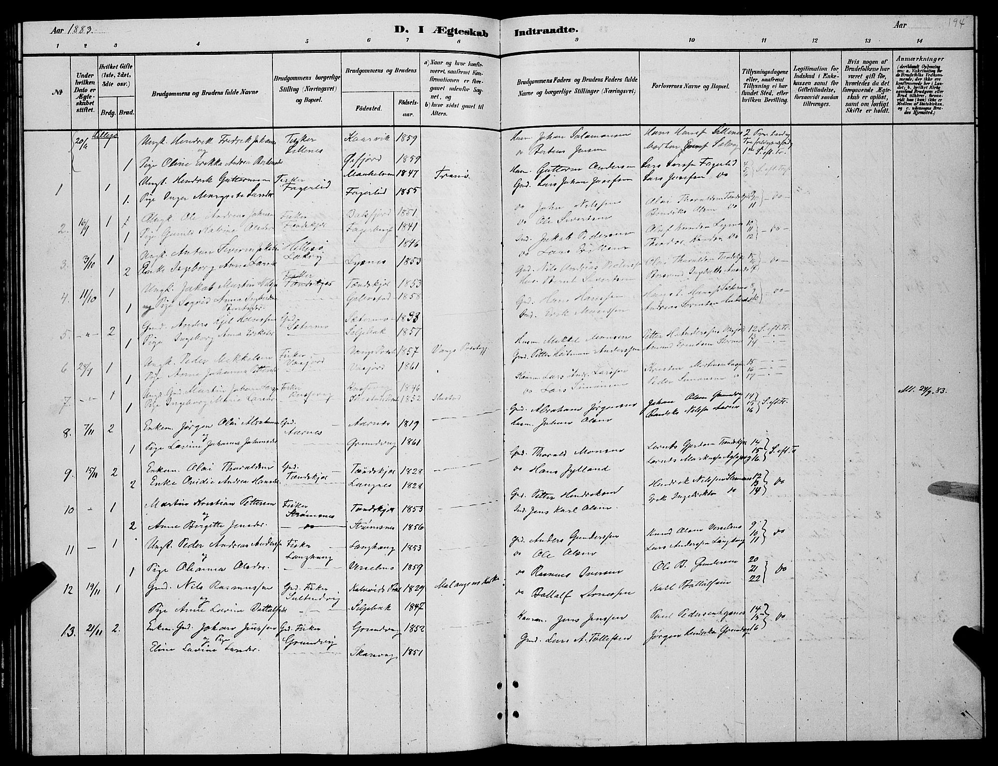 Lenvik sokneprestembete, SATØ/S-1310/H/Ha/Hab/L0006klokker: Parish register (copy) no. 6, 1881-1889, p. 194