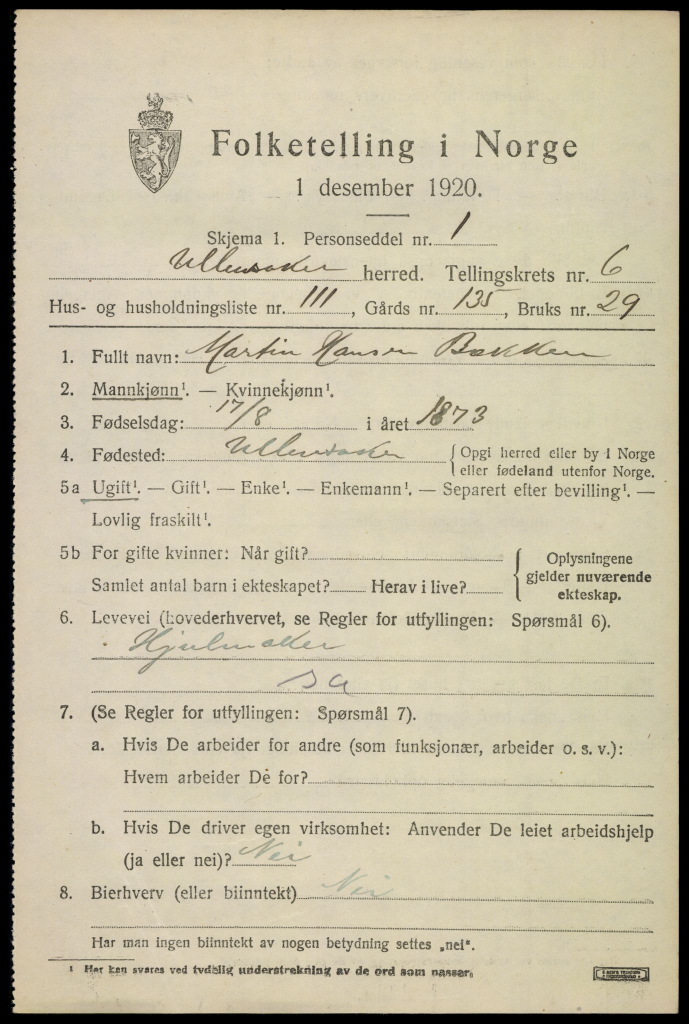 SAO, 1920 census for Ullensaker, 1920, p. 11697