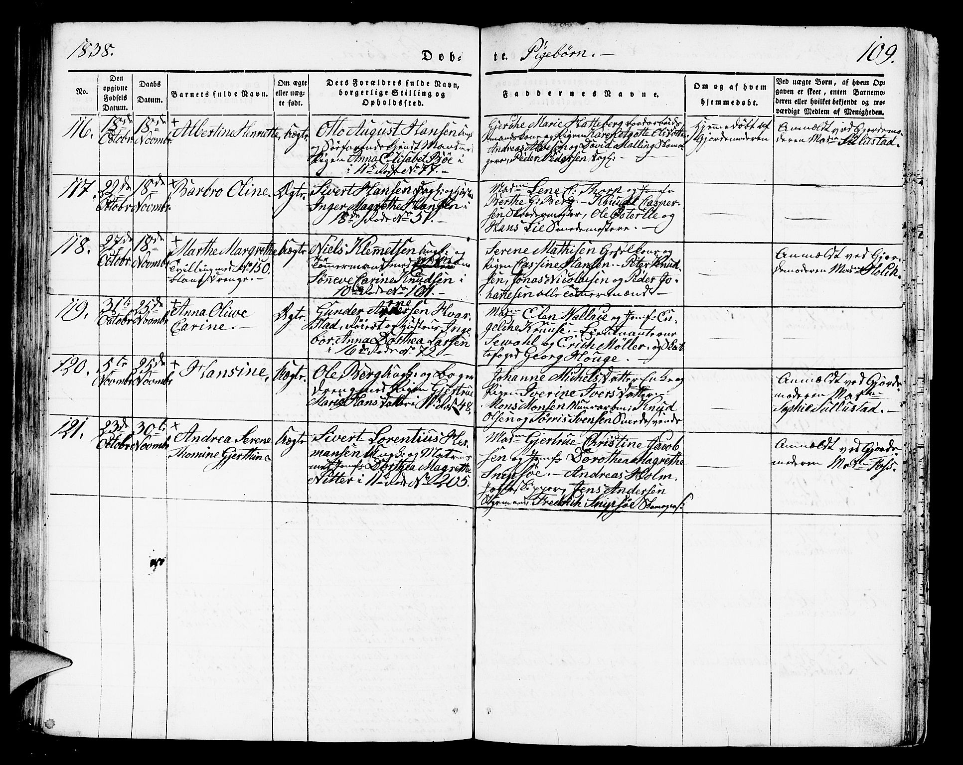 Domkirken sokneprestembete, AV/SAB-A-74801/H/Hab/L0008: Parish register (copy) no. B 1, 1836-1841, p. 109