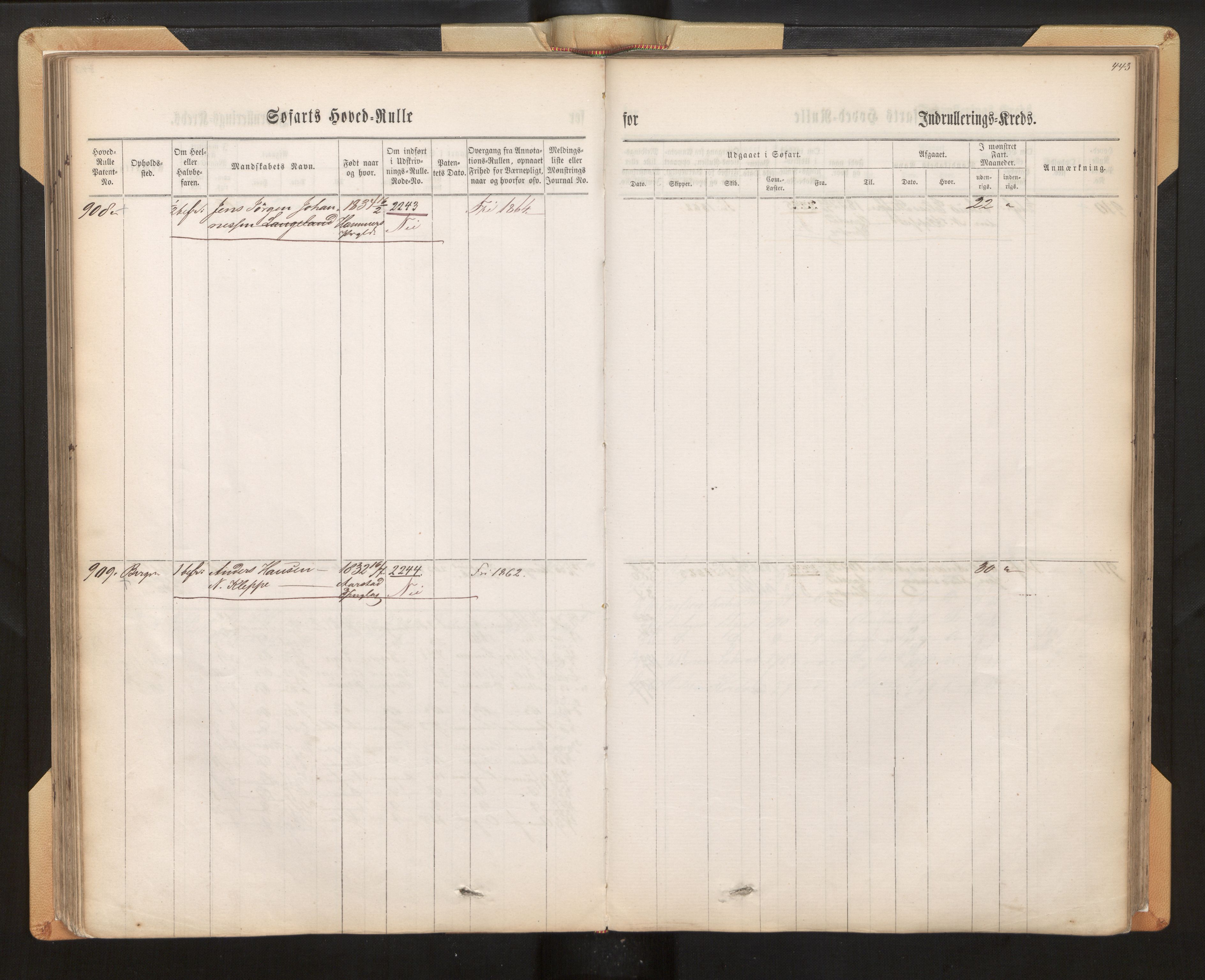 Innrulleringssjefen i Bergen, SAB/A-100050/F/Fh/L0008: Sjøfarts-hovedrulle for Bergen krets, fol. 316 - 636, 1860-1865, p. 443