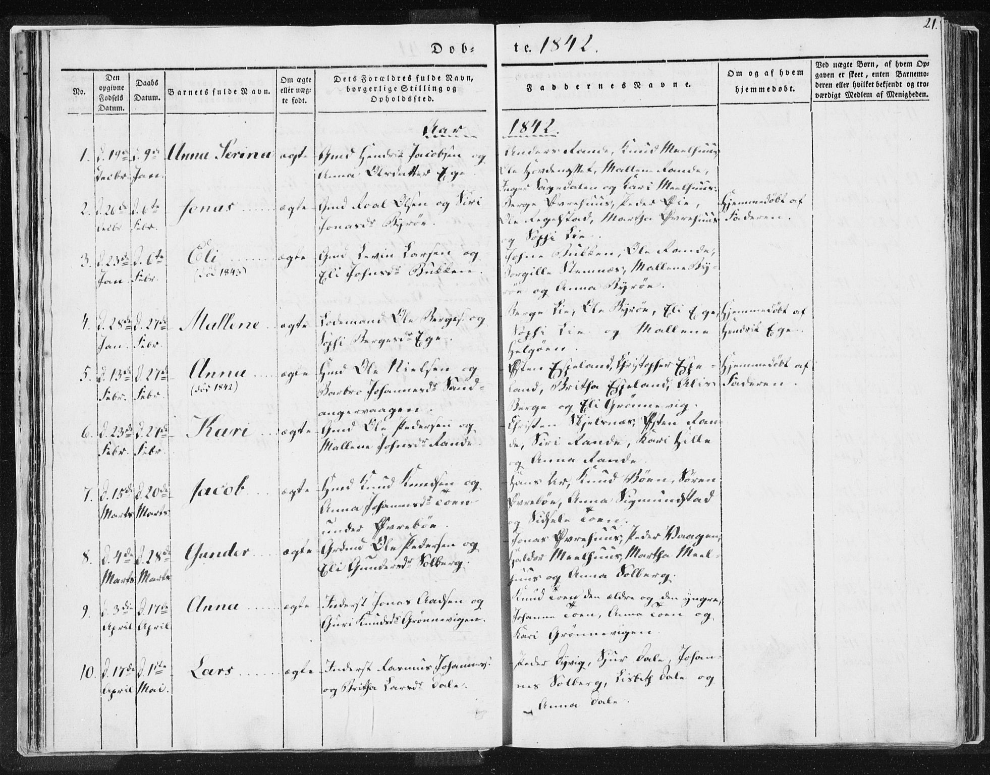 Hjelmeland sokneprestkontor, AV/SAST-A-101843/01/IV/L0007: Parish register (official) no. A 7, 1834-1850, p. 21