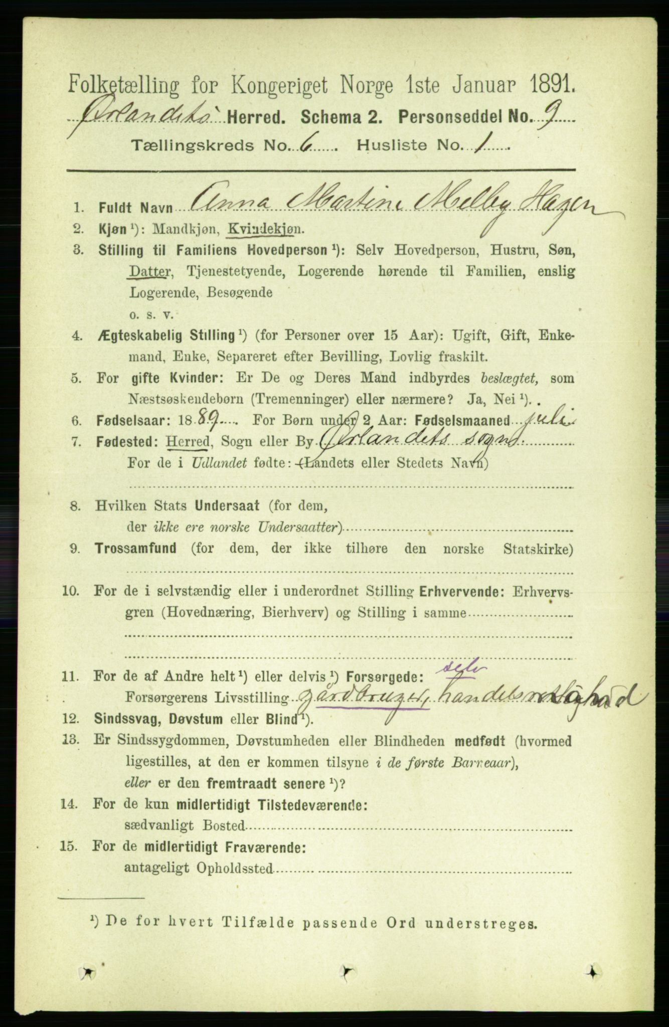 RA, 1891 census for 1621 Ørland, 1891, p. 1848