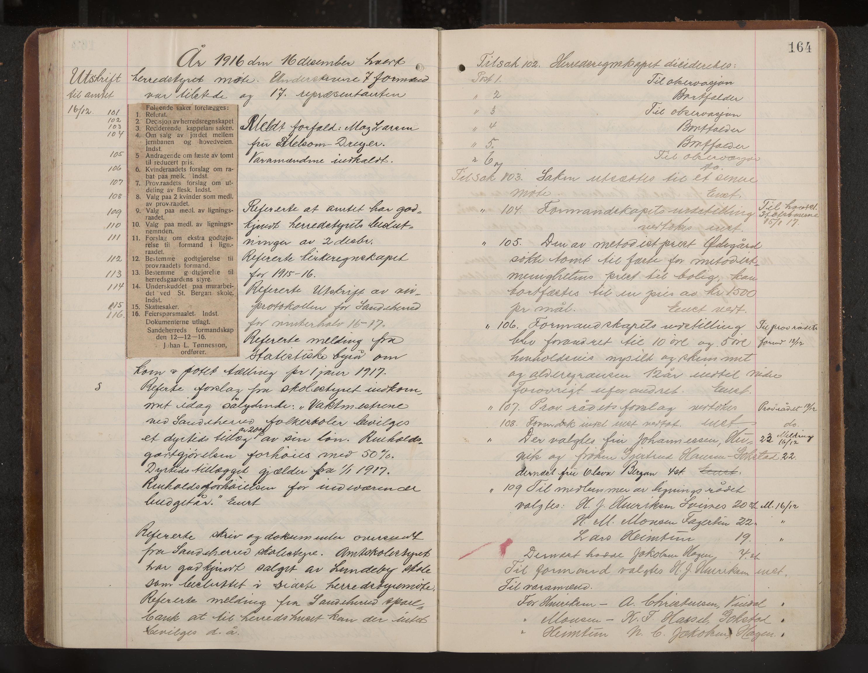 Sandar formannskap og sentraladministrasjon, IKAK/0724021/A/Aa/L0005: Møtebok med register, 1914-1918, p. 164