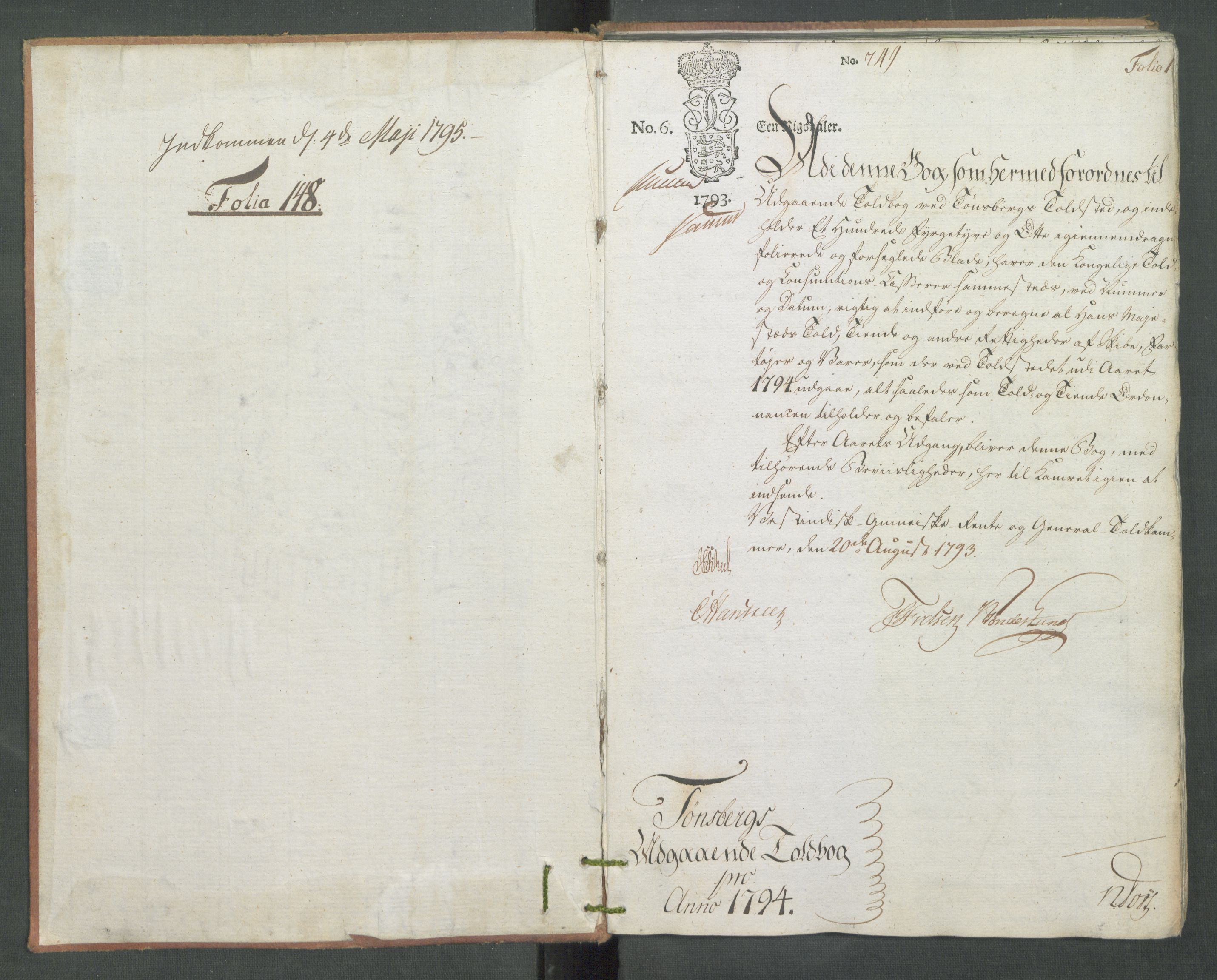 Generaltollkammeret, tollregnskaper, RA/EA-5490/R10/L0056/0002: Tollregnskaper Tønsberg / Utgående tollbok, 1794, p. 1a