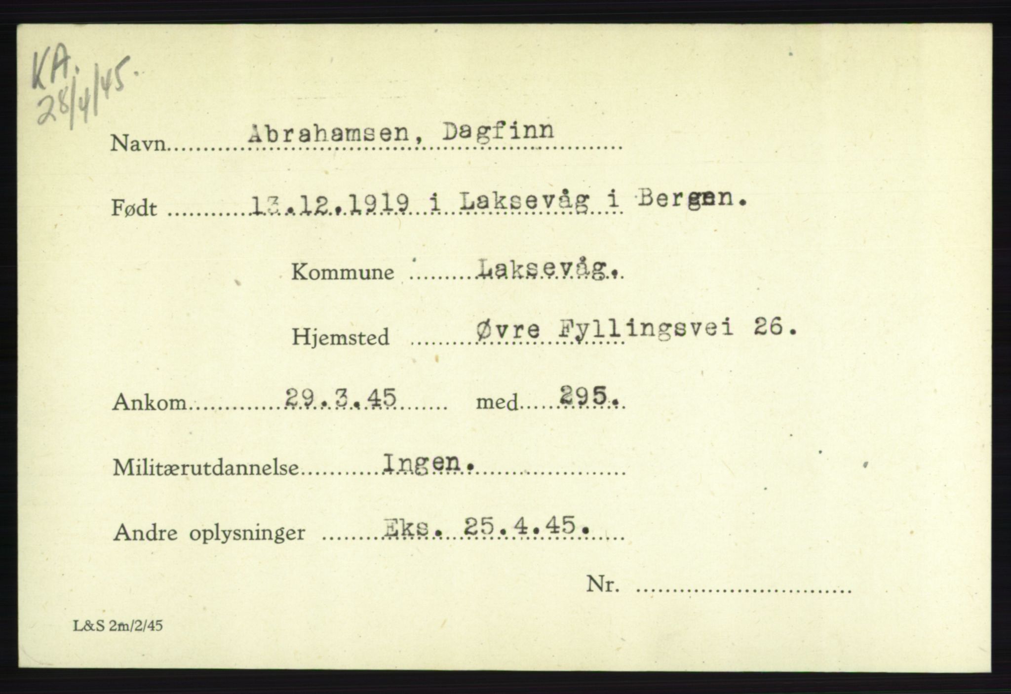 Forsvarets Overkommando. 2. kontor. Arkiv 8.1. Mottakersentralen FDE og FO.II, RA/RAFA-6952/P/Pa/L0001: AA/Å - Andvig , 1940-1945, p. 216