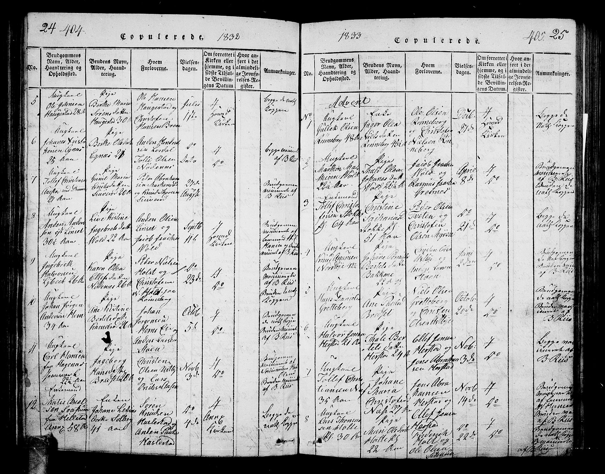 Hof kirkebøker, AV/SAKO-A-64/G/Ga/L0001: Parish register (copy) no. I 1, 1814-1844, p. 404-405