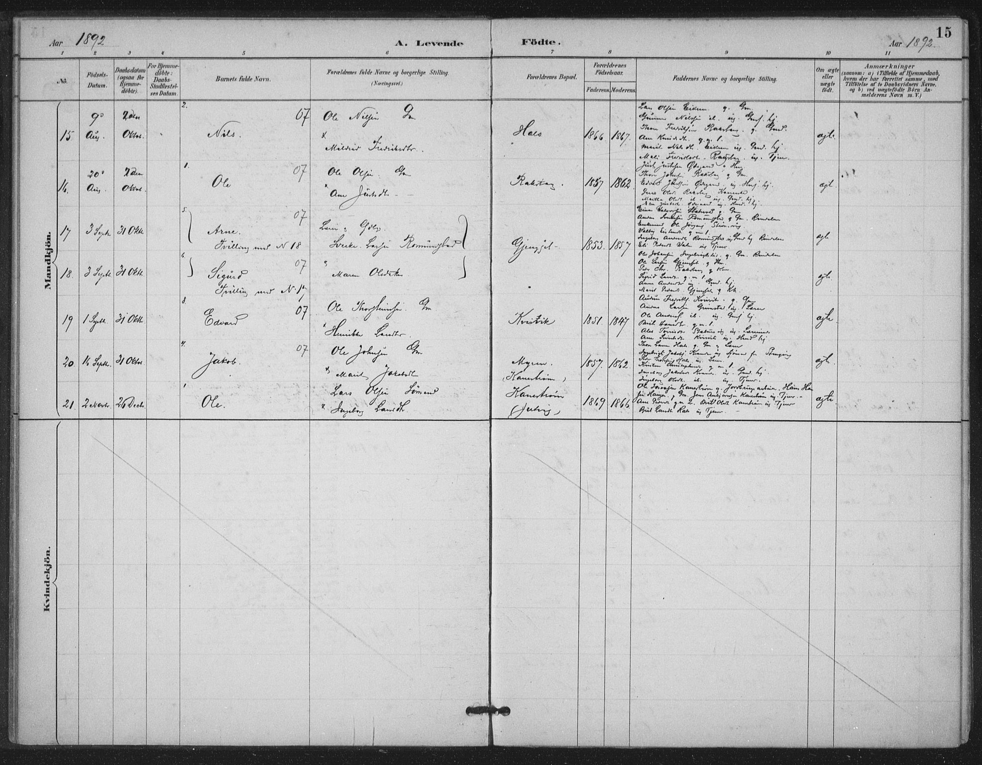 Ministerialprotokoller, klokkerbøker og fødselsregistre - Møre og Romsdal, AV/SAT-A-1454/587/L1000: Parish register (official) no. 587A02, 1887-1910, p. 15