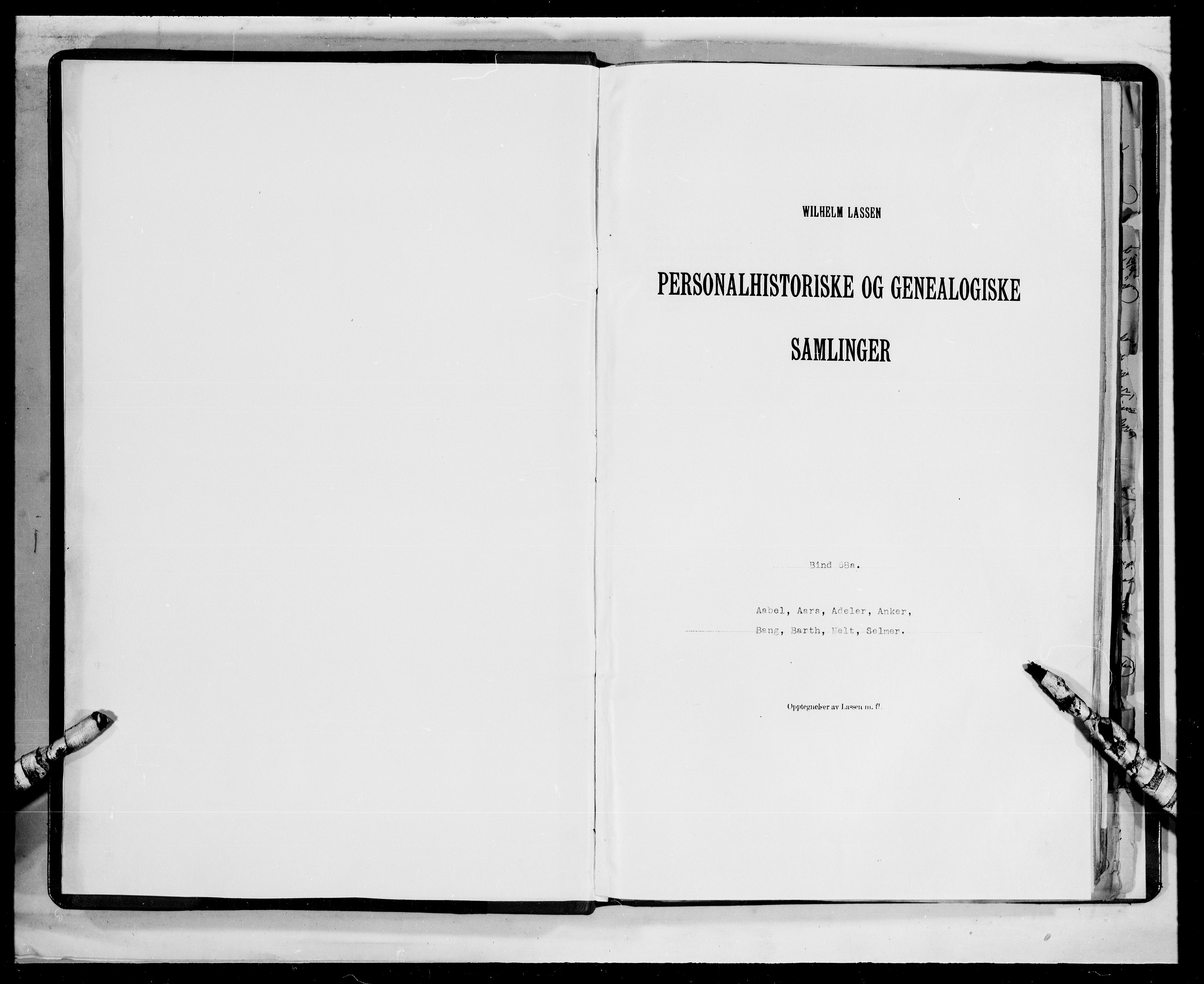 Lassens samlinger, AV/RA-PA-0051/F/Fb/L0068a: Personalhistoriske og genealogiske opptegnelser: Aabel, Aars, Adeler, Anker, Bang, Barth, Helt og Selmer, 1500-1907, p. 2