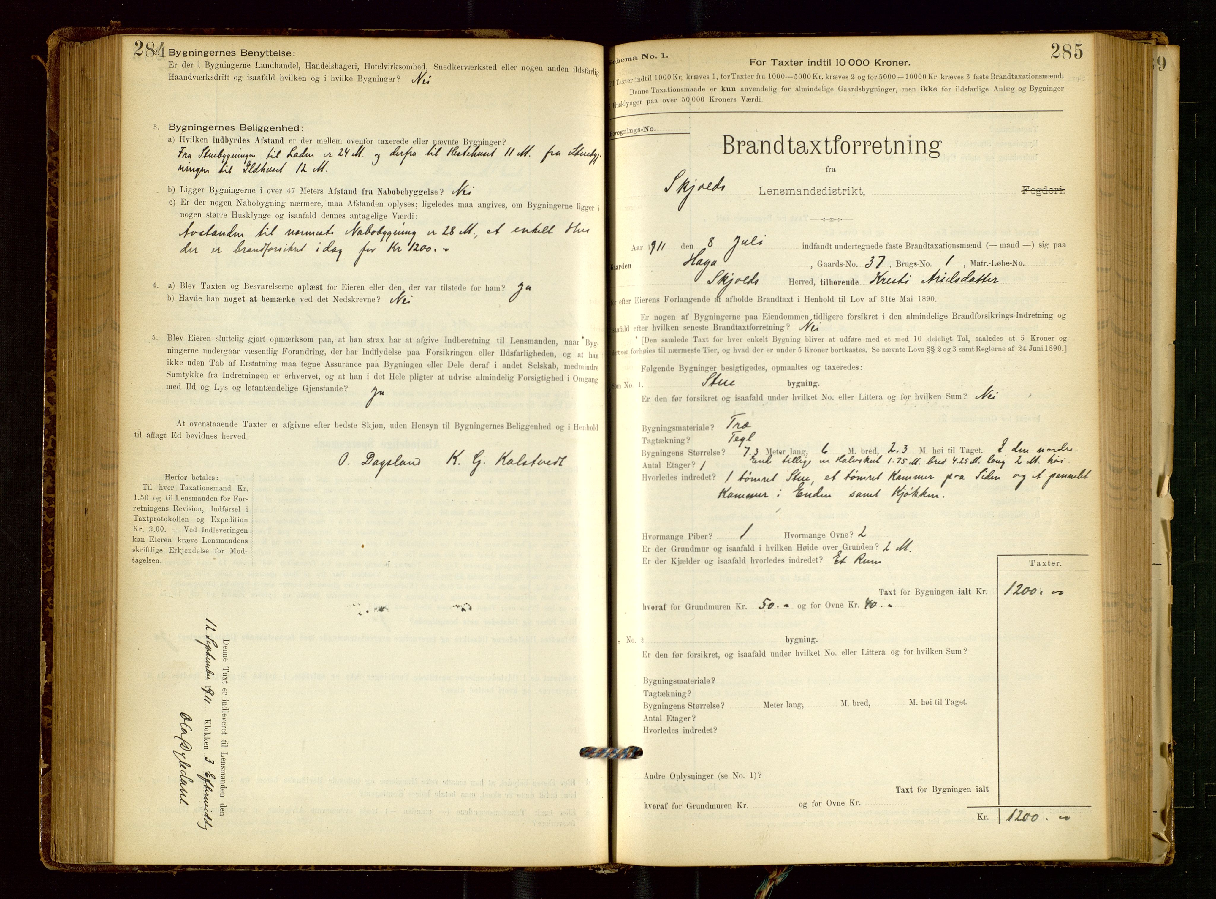 Skjold lensmannskontor, AV/SAST-A-100182/Gob/L0001: "Brandtaxationsprotokol for Skjold Lensmandsdistrikt Ryfylke Fogderi", 1894-1939, p. 284-285