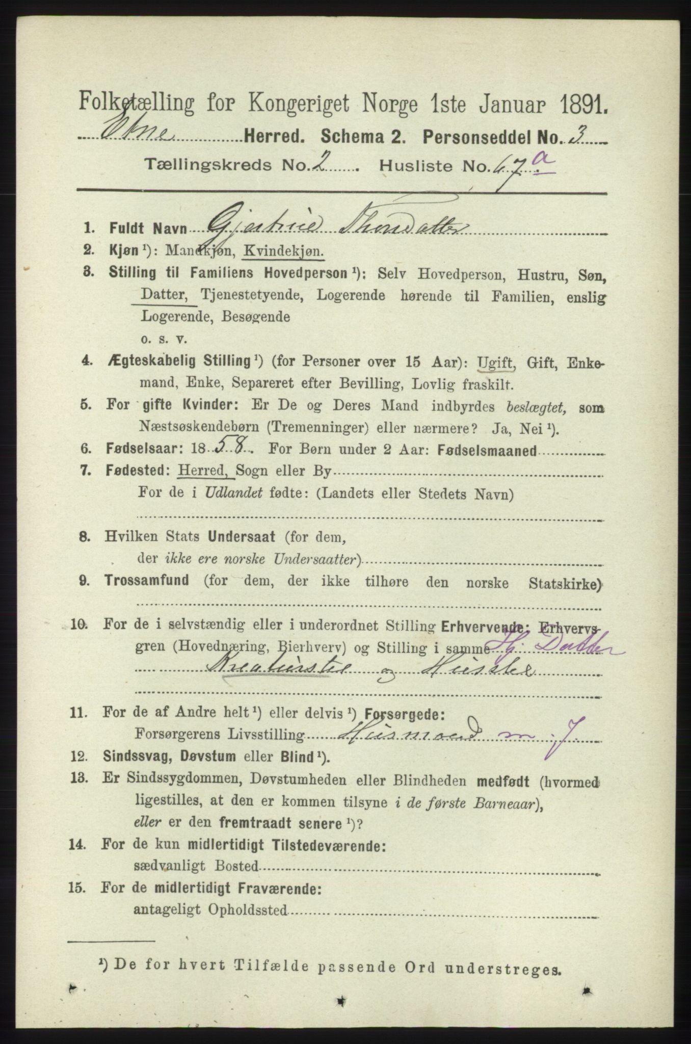 RA, 1891 census for 1211 Etne, 1891, p. 658