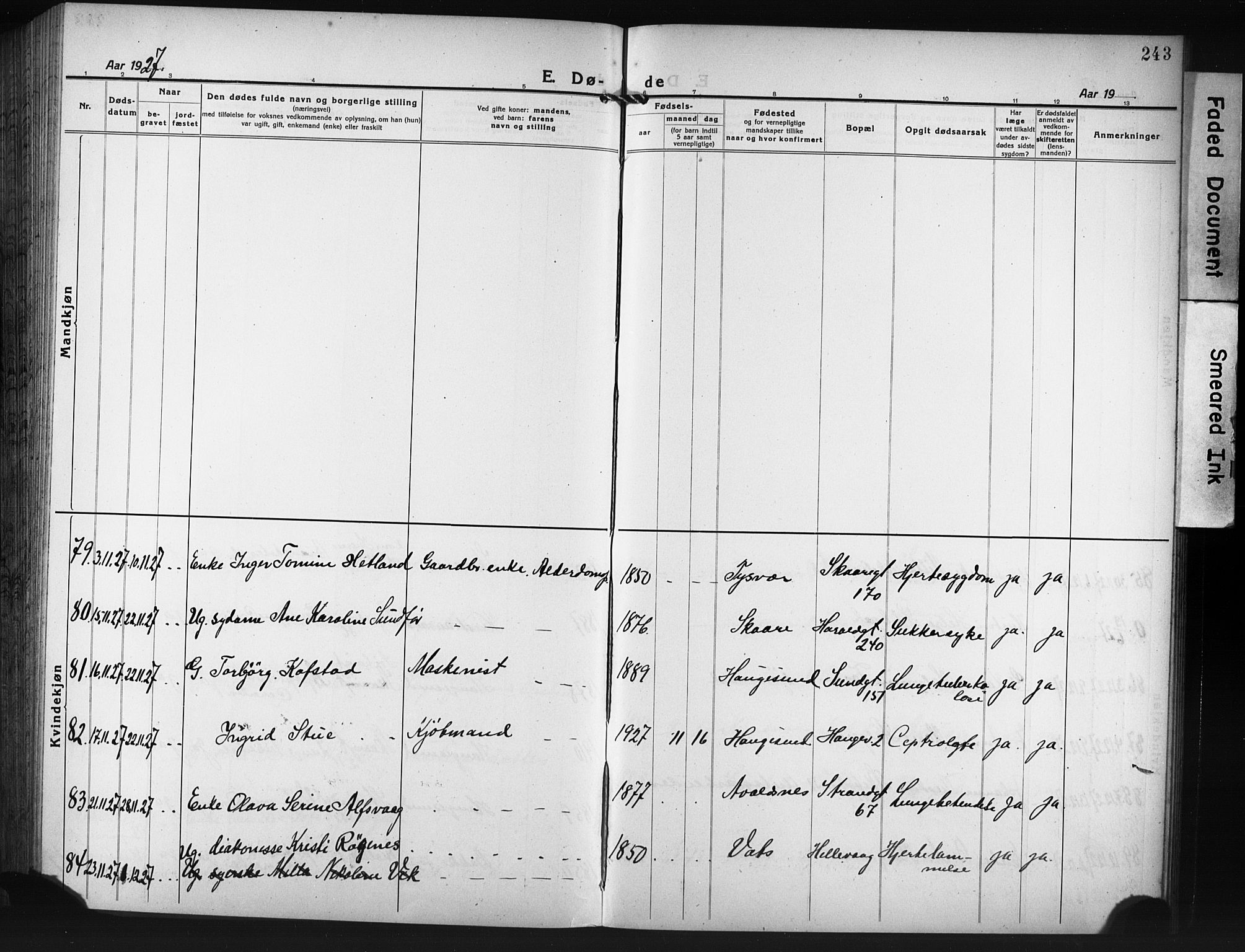 Haugesund sokneprestkontor, AV/SAST-A -101863/H/Ha/Hab/L0010: Parish register (copy) no. B 10, 1920-1931, p. 243