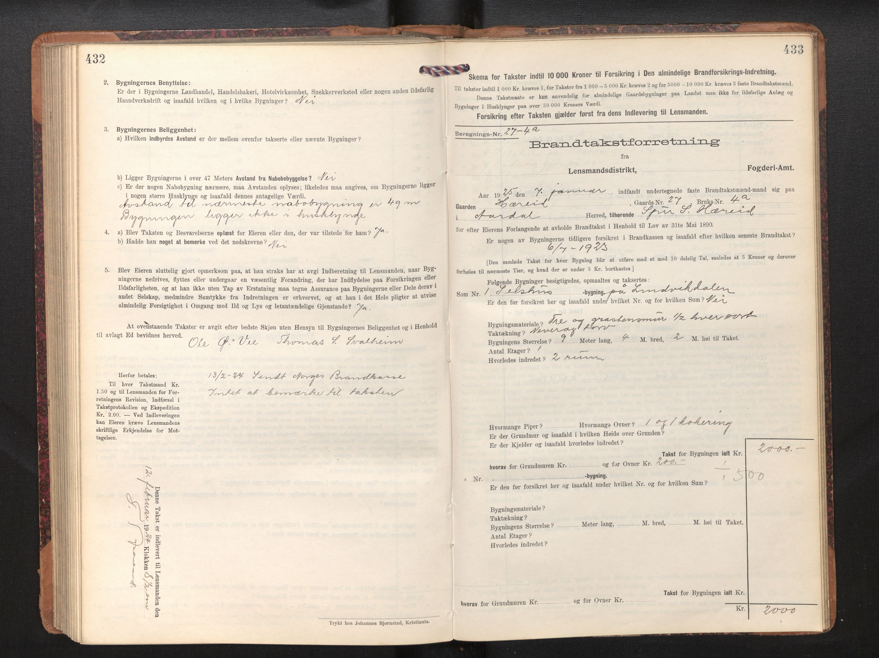Lensmannen i Årdal, SAB/A-30501/0012/L0009: Branntakstprotokoll, skjematakst, 1914-1926, p. 432-433