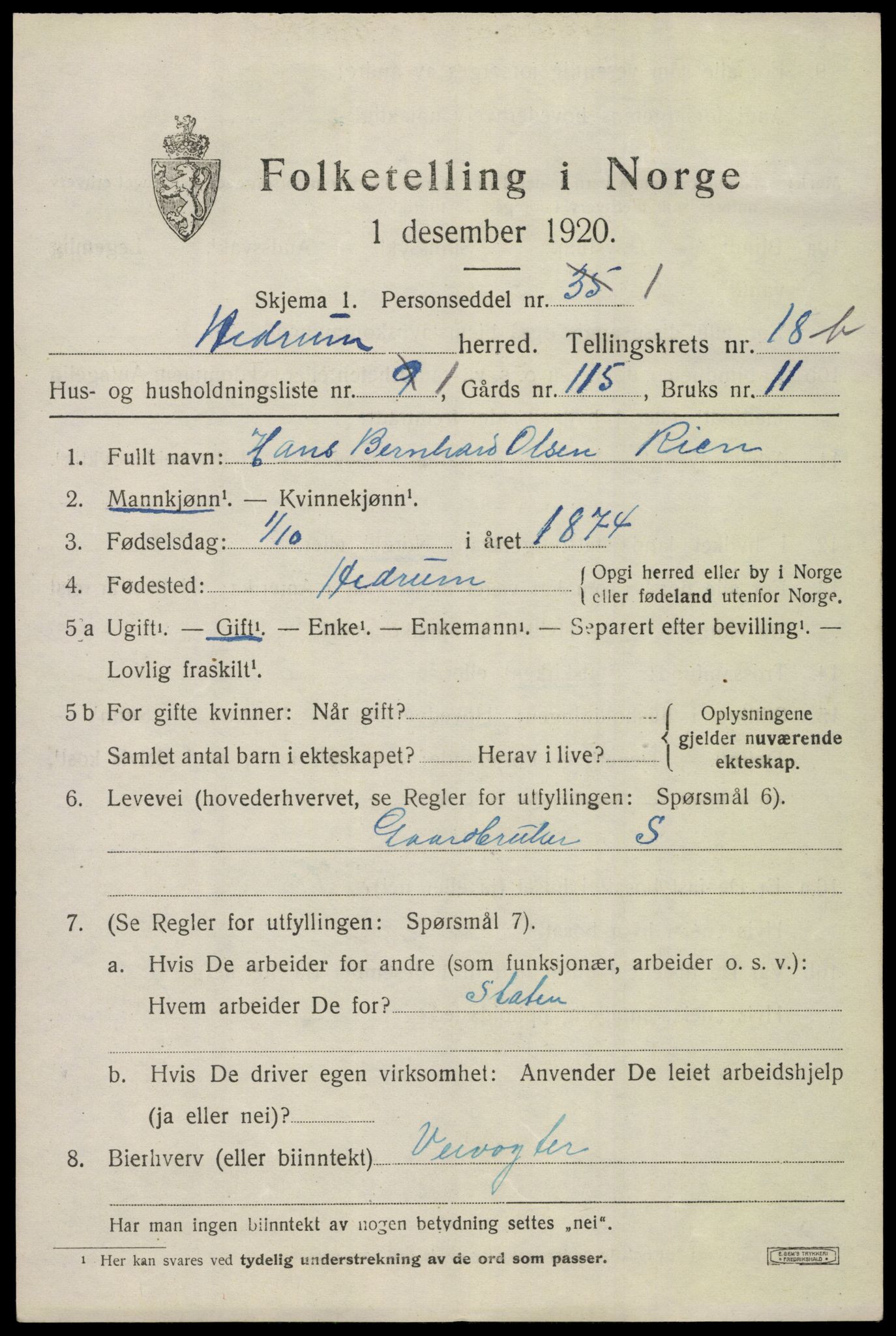 SAKO, 1920 census for Hedrum, 1920, p. 11009