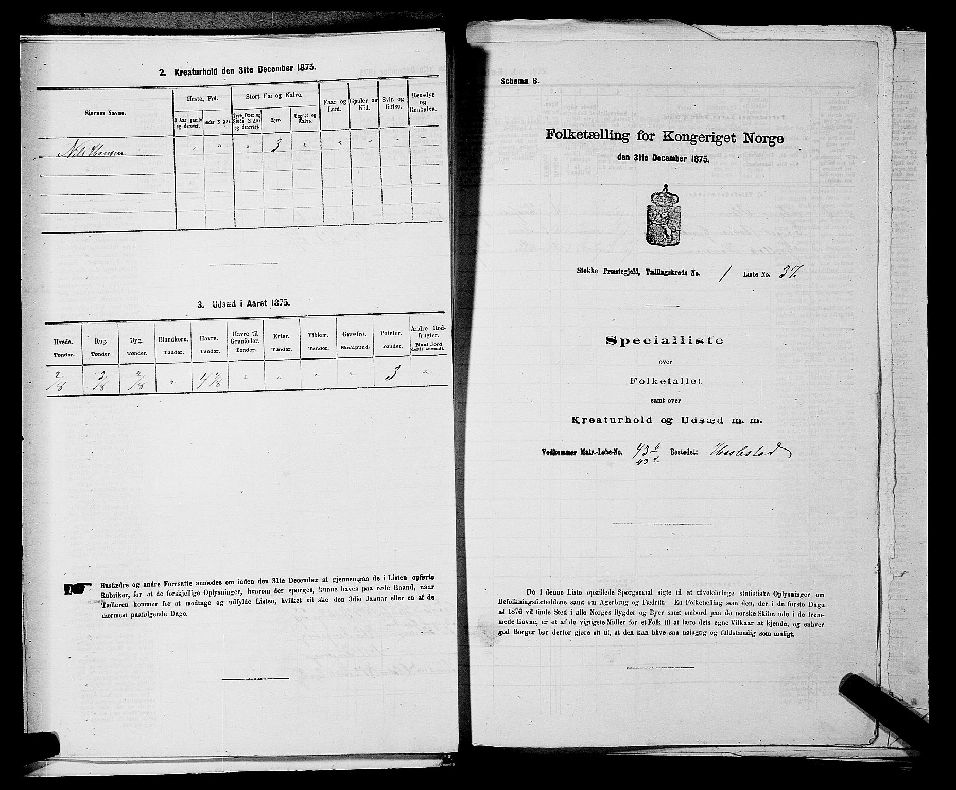 SAKO, 1875 census for 0720P Stokke, 1875, p. 291