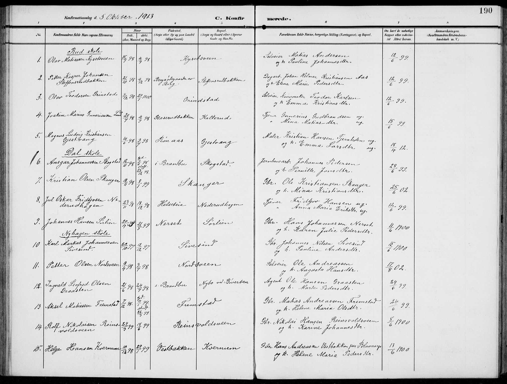 Vestre Toten prestekontor, SAH/PREST-108/H/Ha/Haa/L0014: Parish register (official) no. 14, 1907-1920, p. 190