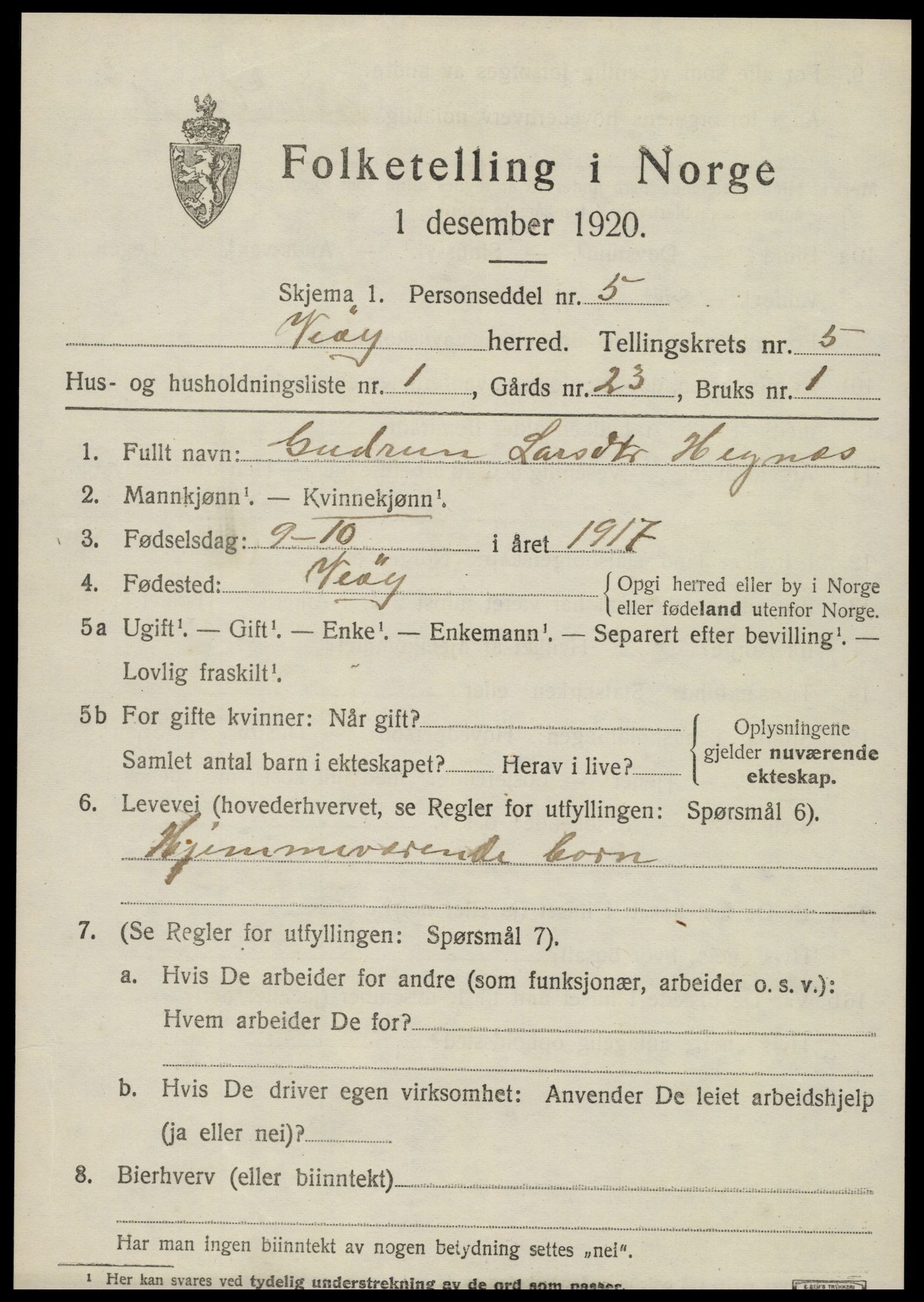 SAT, 1920 census for Veøy, 1920, p. 2331